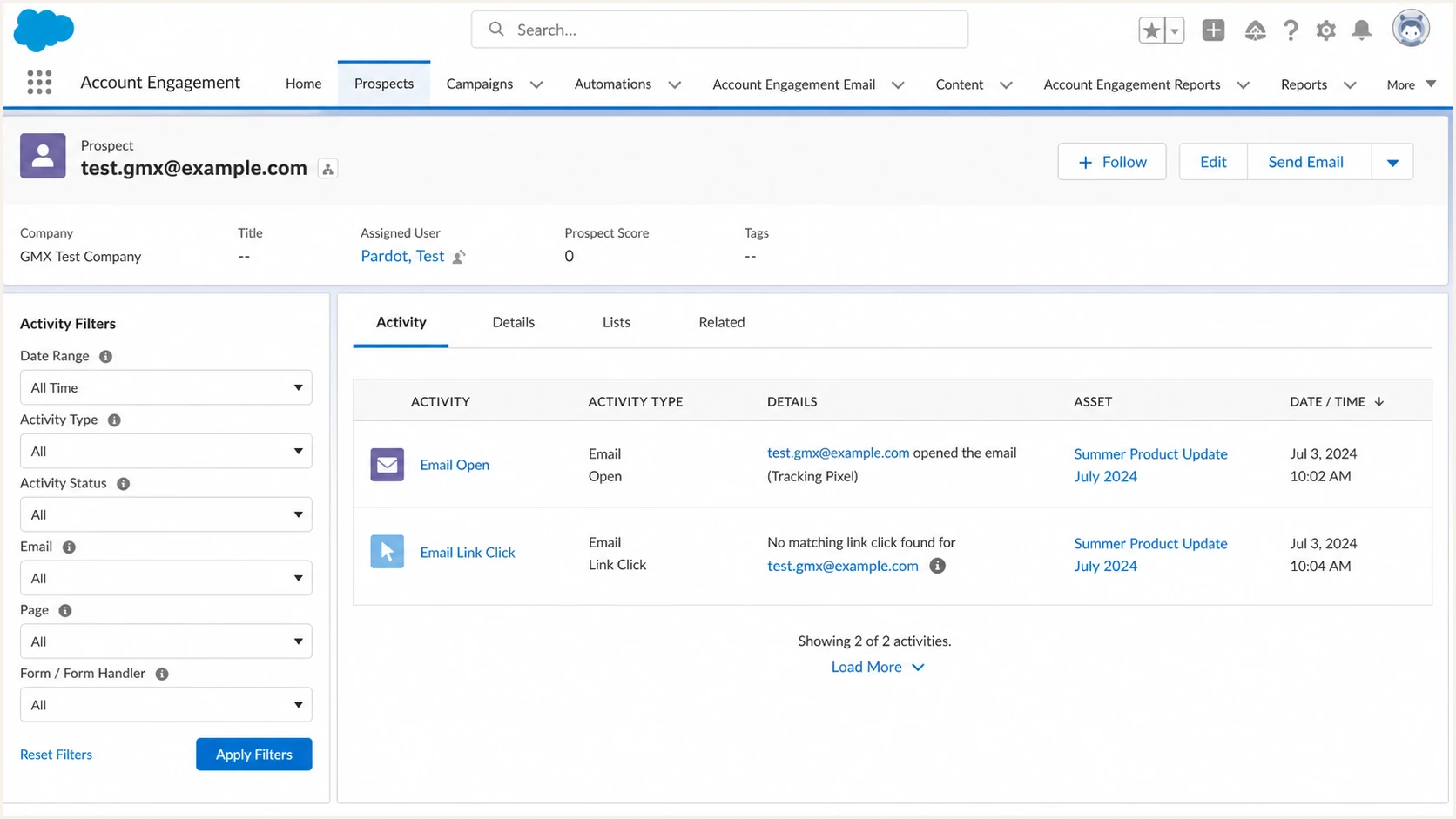 Salesforce Account Engagement prospect activity with an open but no click