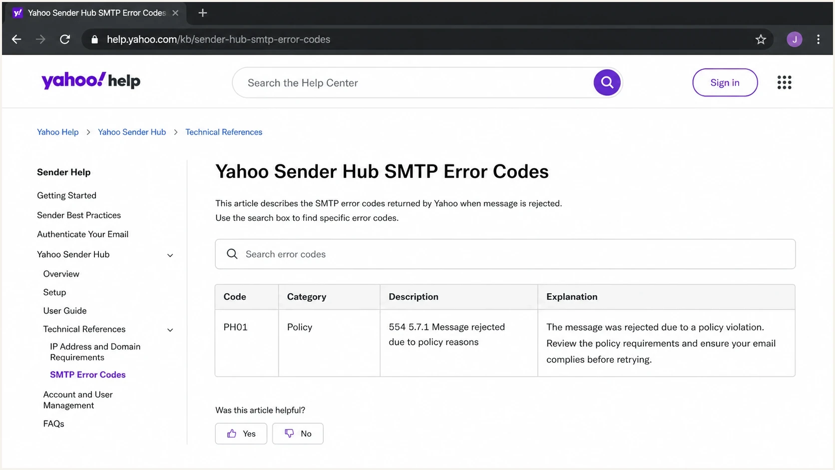 Yahoo Sender Hub SMTP error codes page showing a PH01 policy rejection row.
