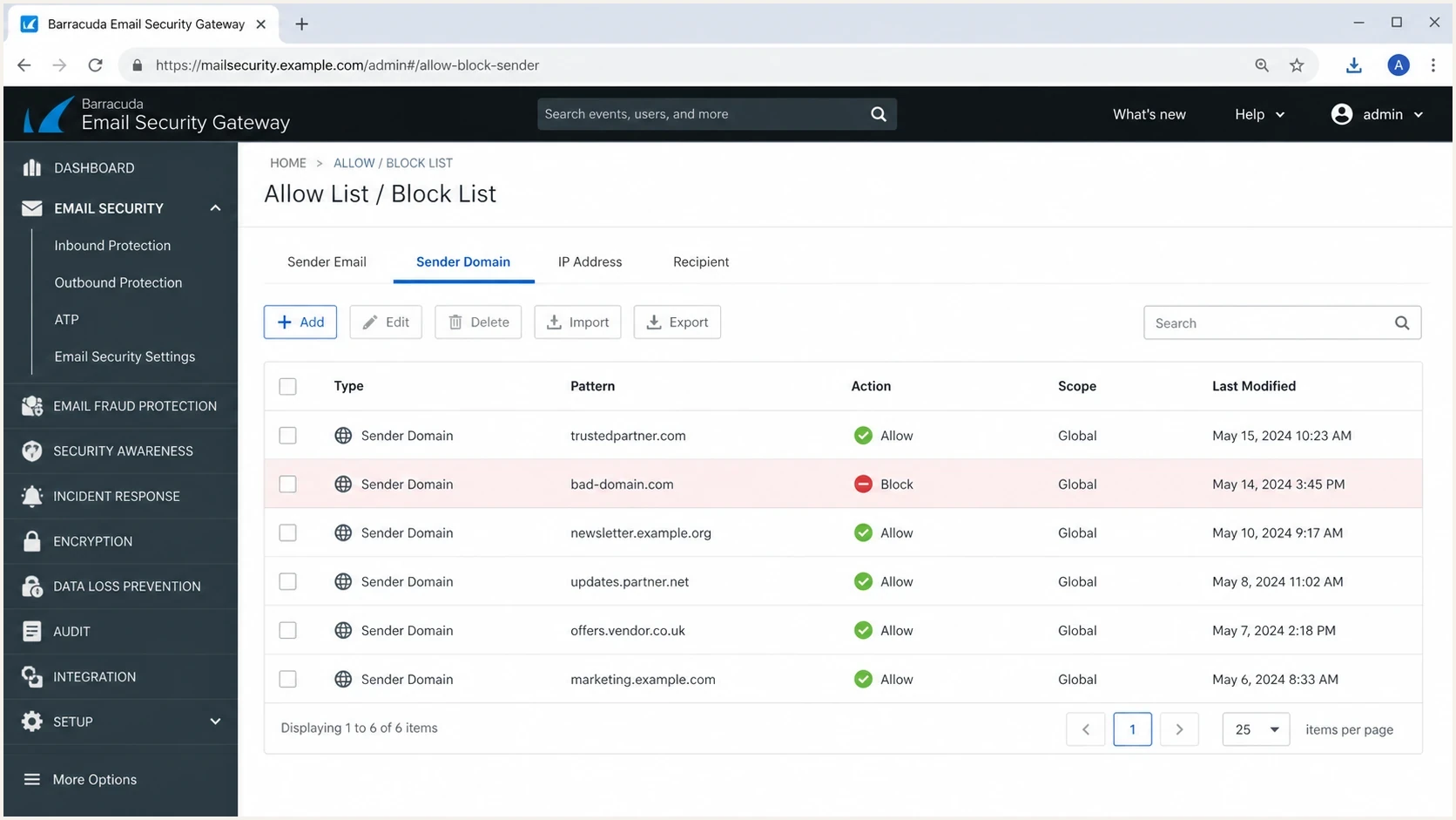 Barracuda Email Security Gateway allow and block list screen with a sender domain blocked.