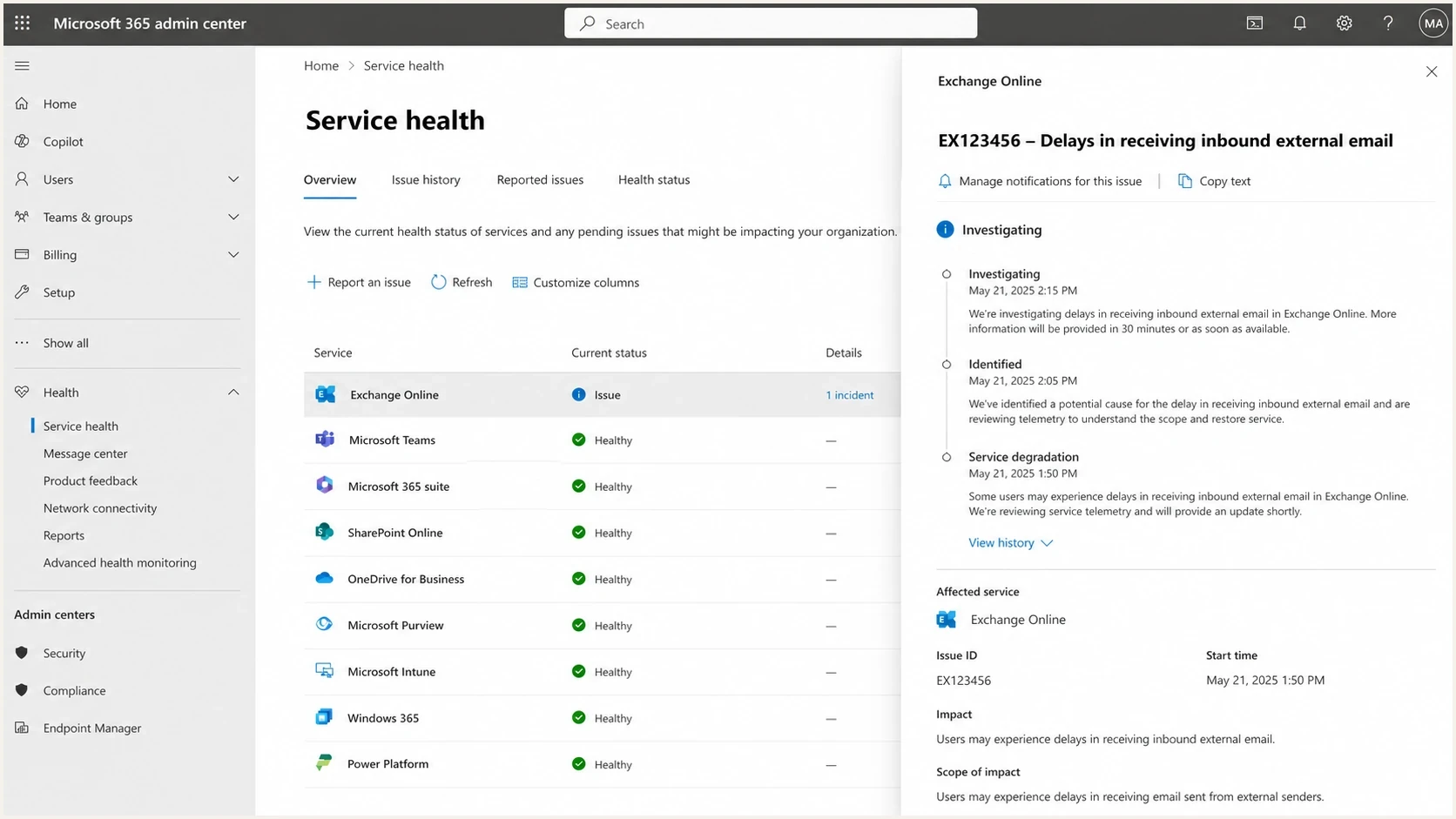 Microsoft 365 Service health showing an Exchange Online inbound mail delay.