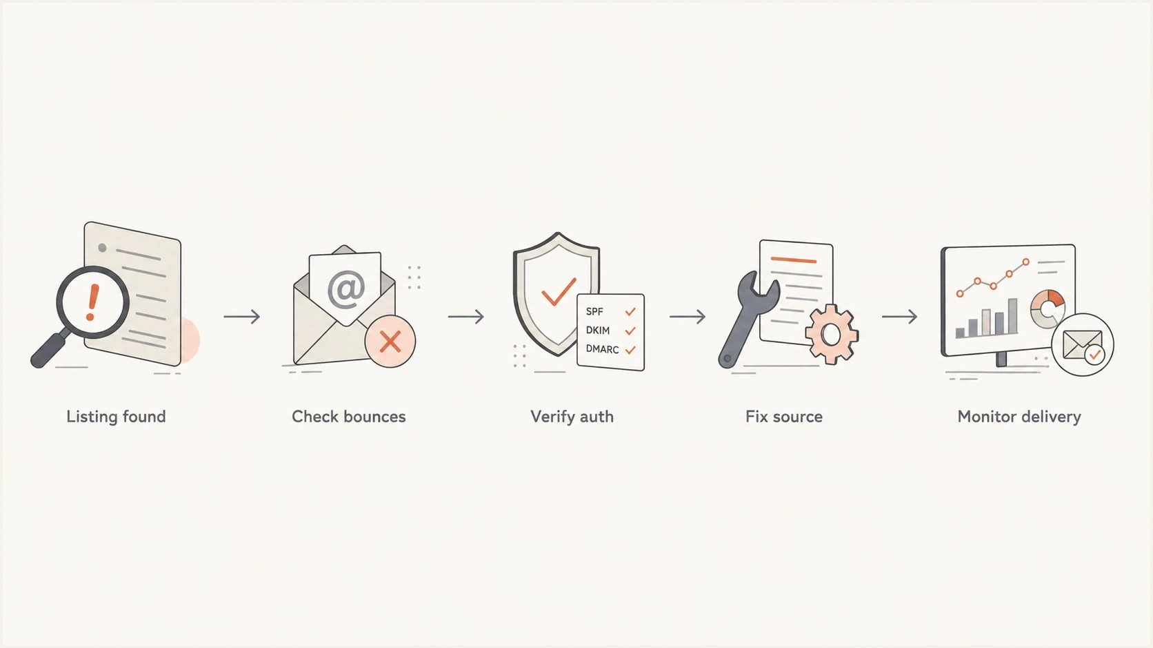 Flowchart for checking bounces, authentication, source quality, and delivery after a UCEProtect listing.