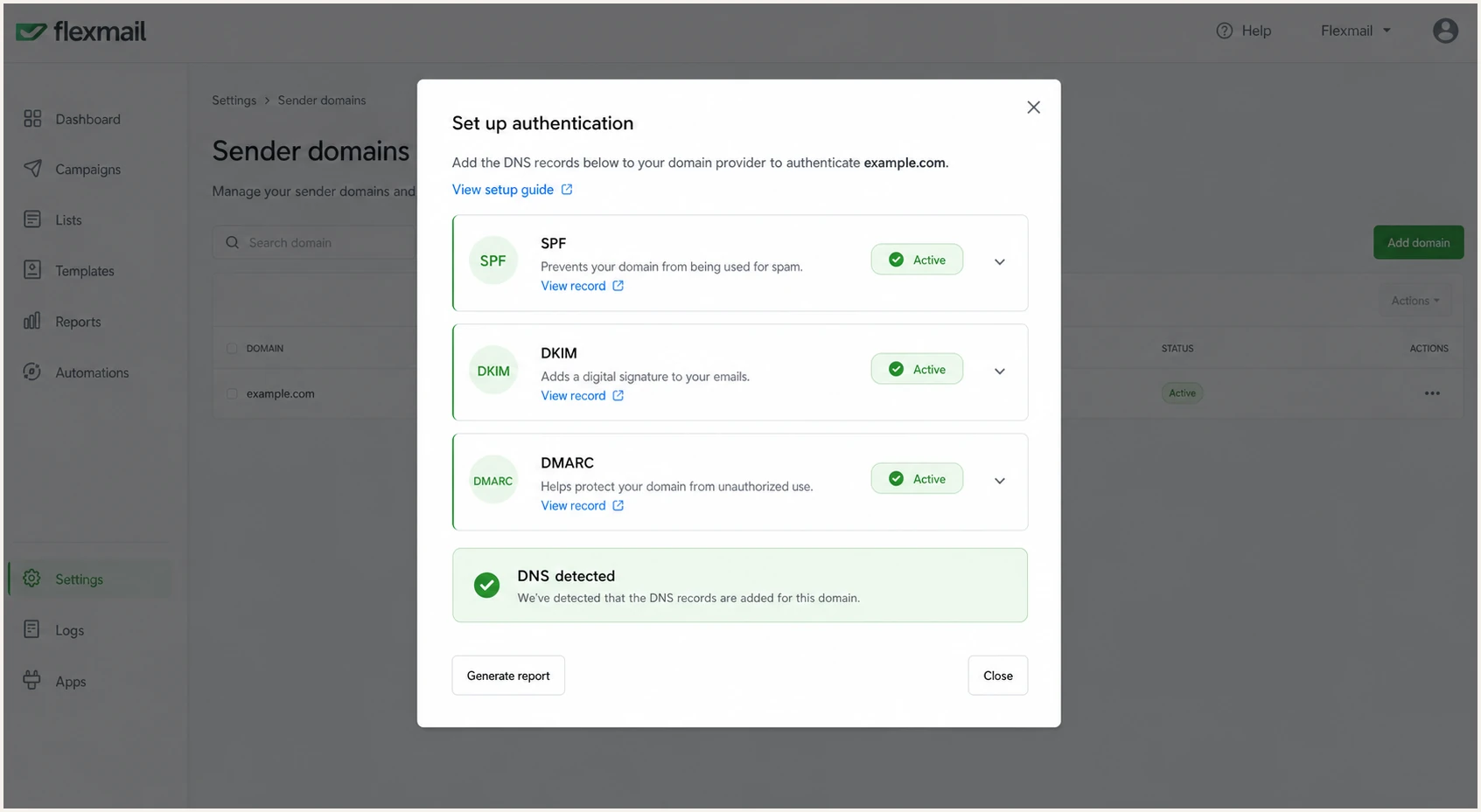 Flexmail authentication popup with green record states