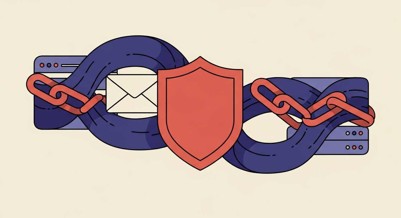 Abstract illustration of secure email flow with chain links and a shield, representing the ARC protocol.