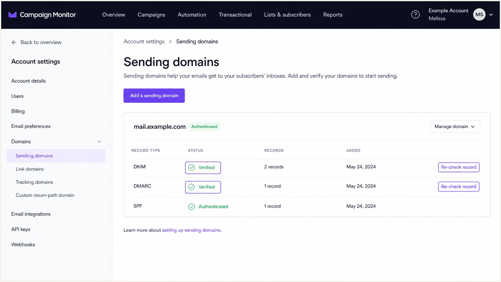 Campaign Monitor verified sending domain status