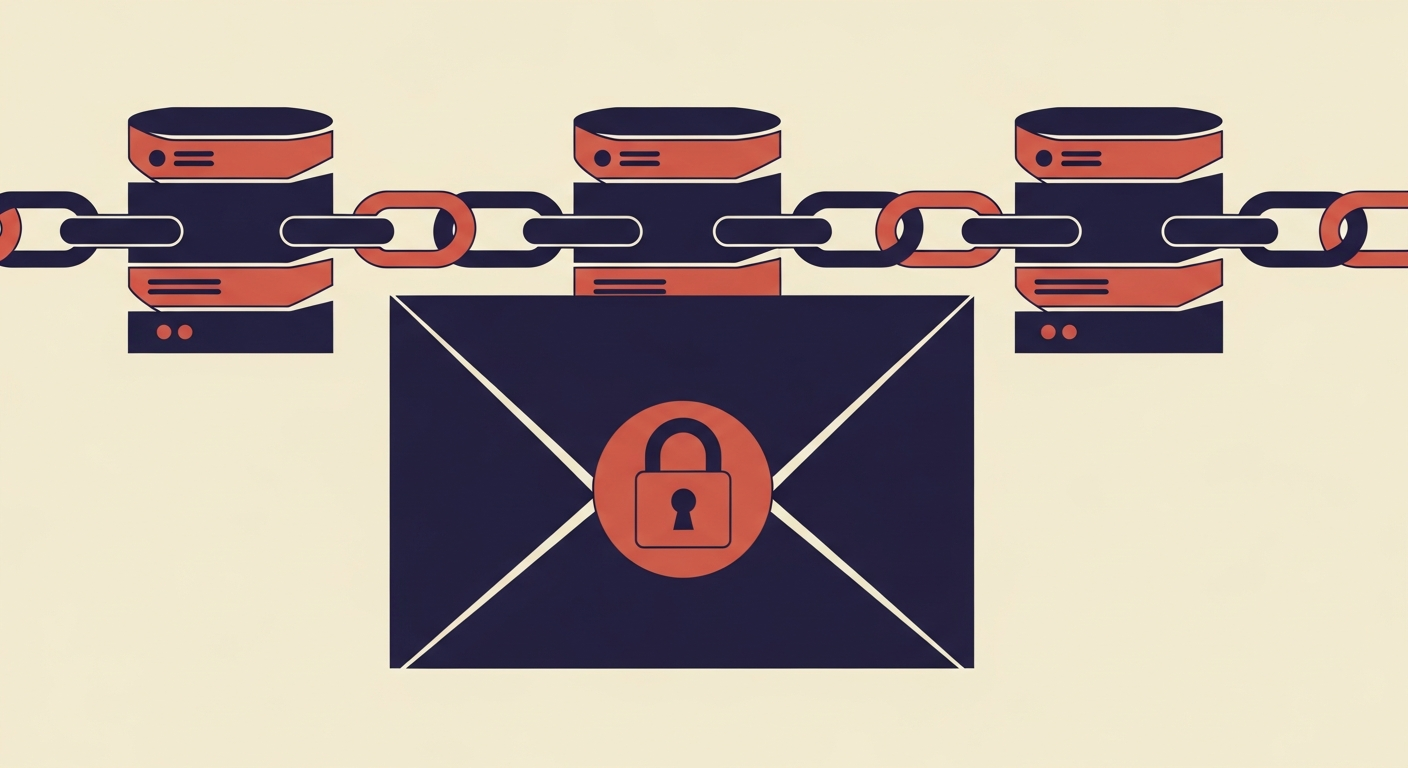 Stylized padlock on an email envelope with a chain of servers behind it, representing ARC and email security.