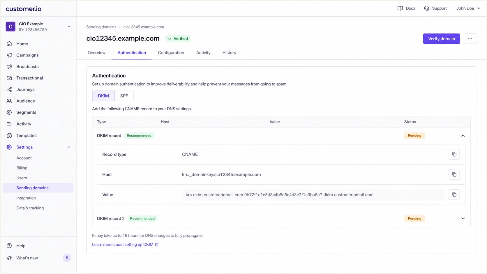 Customer.io DKIM record row with selector, host, value, and pending status.