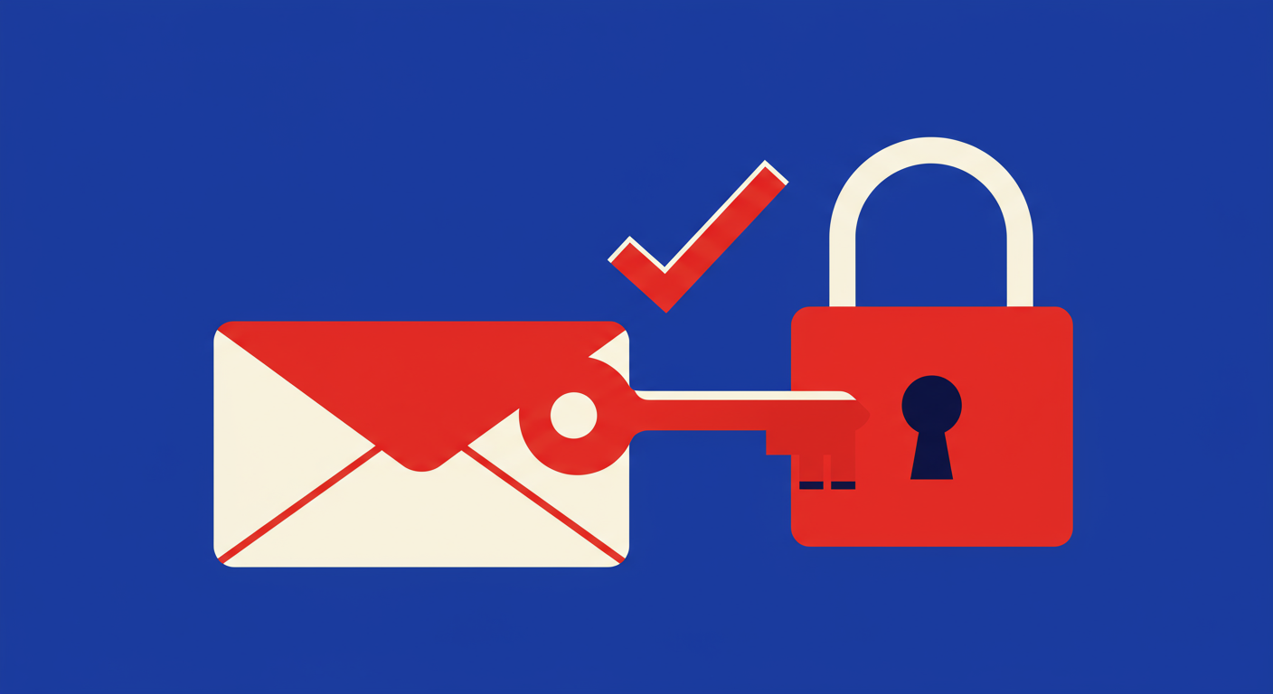A minimalist retro illustration of a key fitting into a lock that has a checkmark on it, symbolizing successful email authentication. The style of the images should be A minimalist retro illustration in the style of Malika Favre. Dominant colors are bright poppy red and deep royal blue. Vector art, high contrast. Do not put any words in the image or alphanumeric characters.