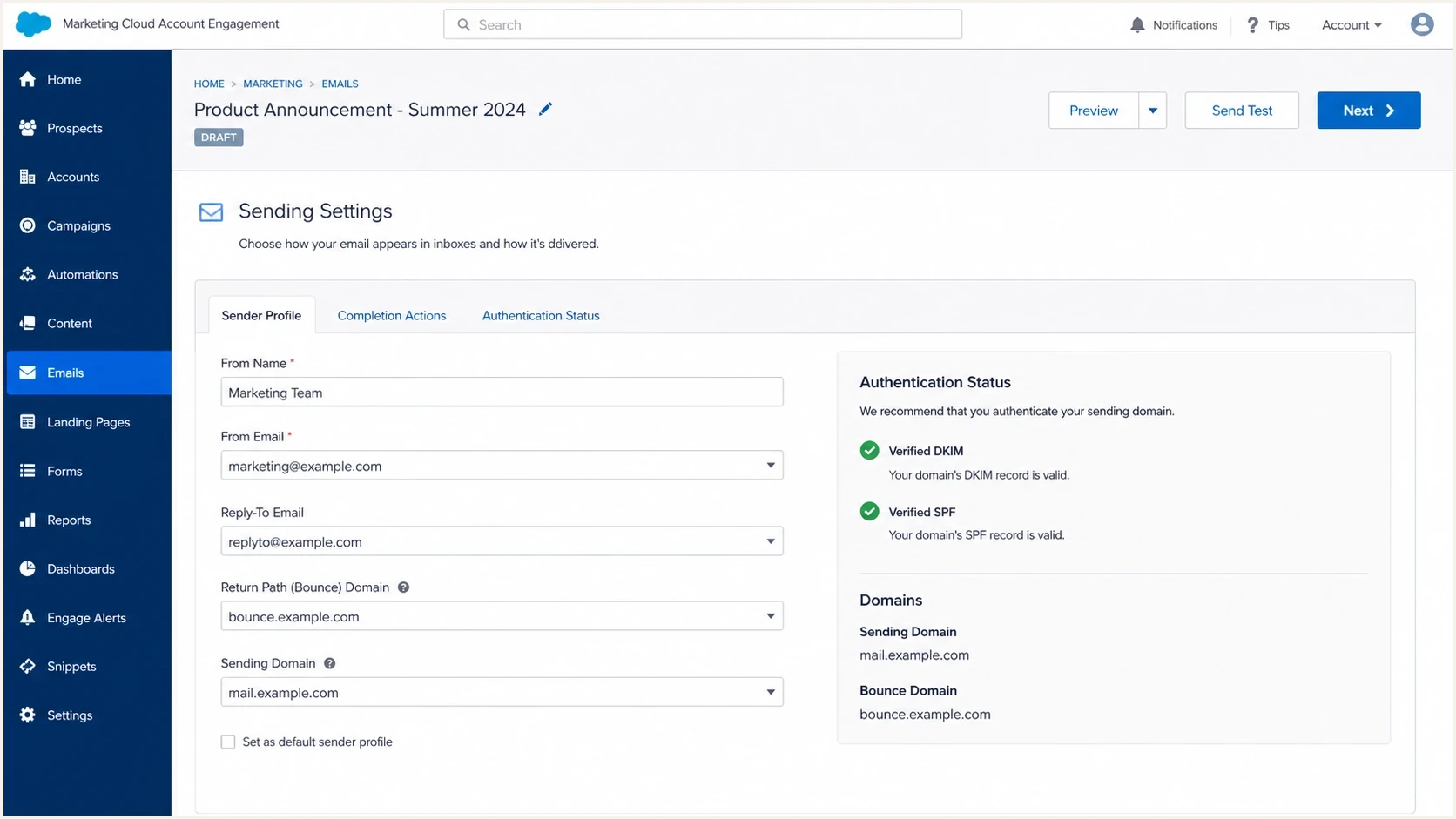 Salesforce Marketing Cloud Account Engagement settings with SPF and DKIM verified.