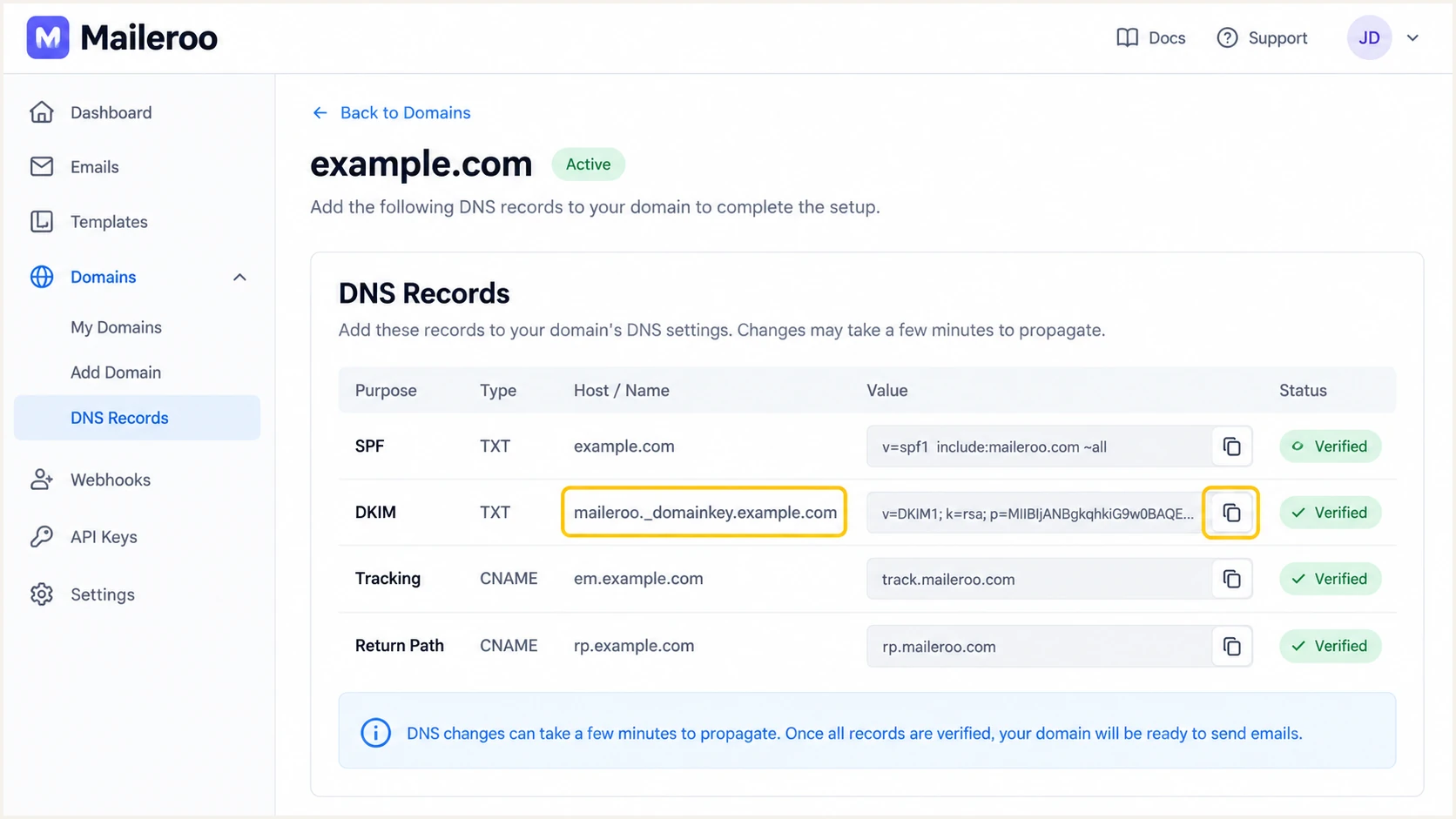 Maileroo's generated DKIM record and verification controls (illustrative screenshot).