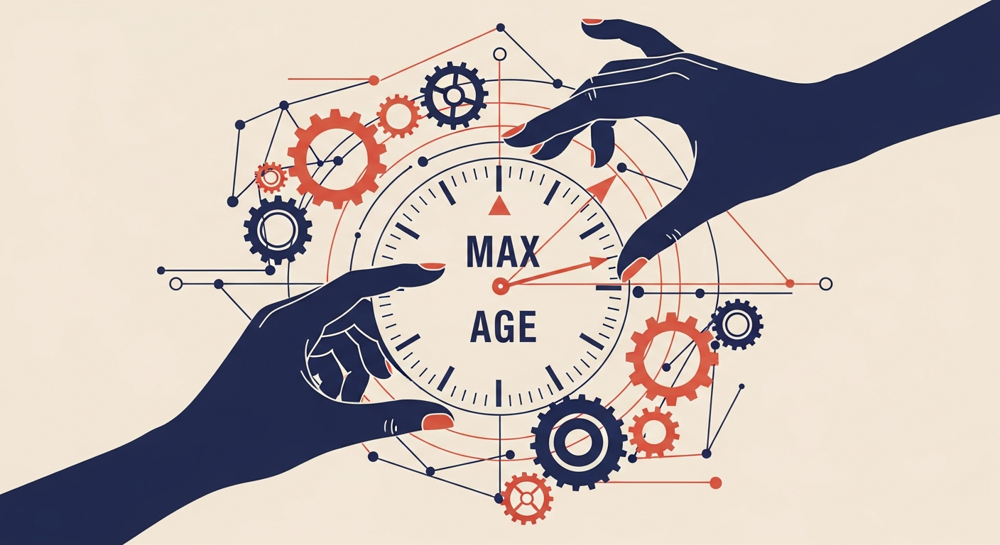 Hands adjusting a 'Max Age' dial, symbolizing the careful balance in MTA-STS policy settings