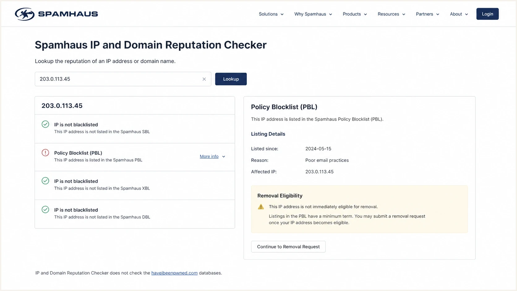 Spamhaus IP and Domain Reputation Checker showing a PBL listing and removal eligibility.