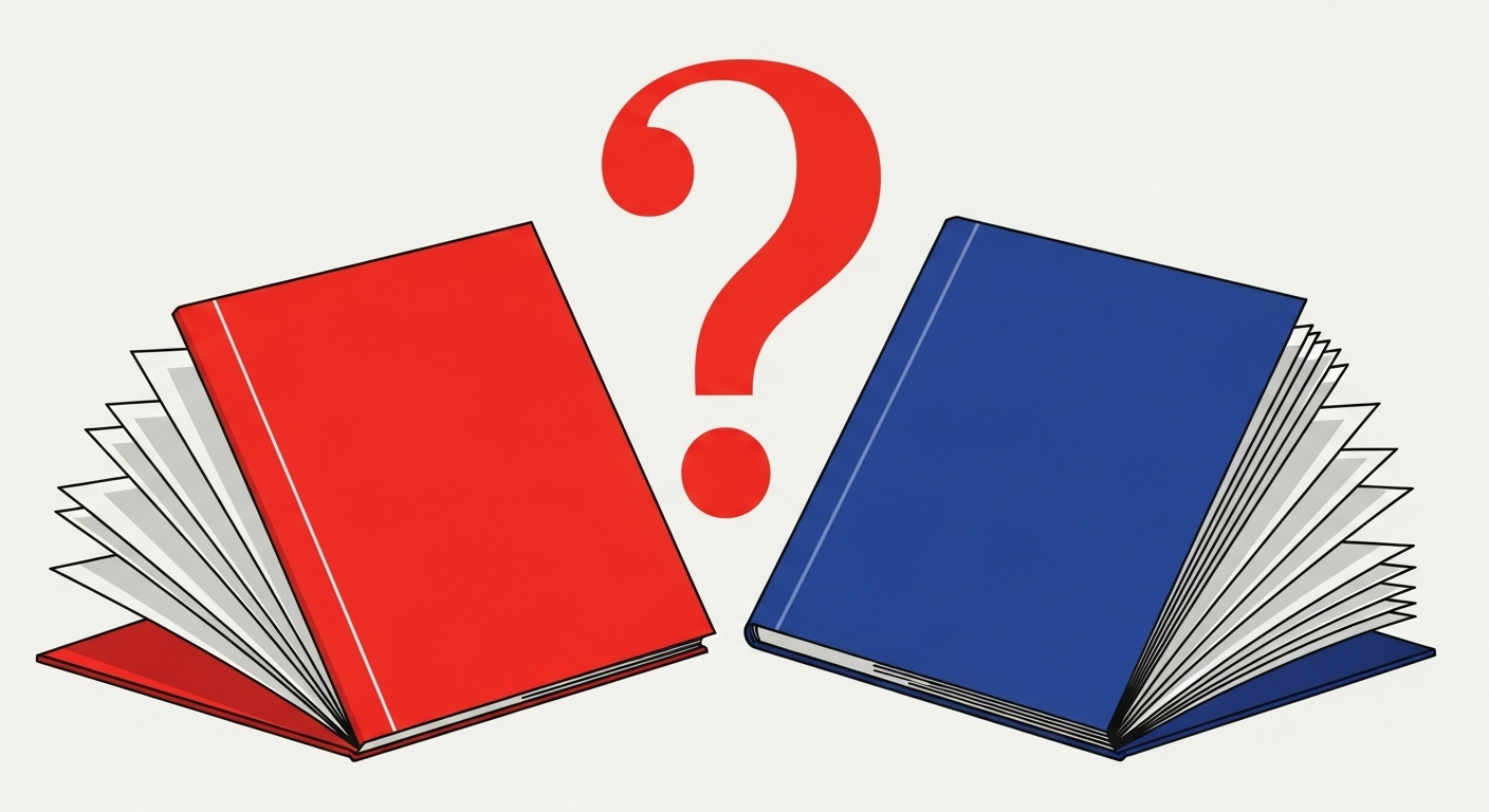 A minimalist retro illustration of two separate instruction manuals, one red and one blue, with a large red question mark between them, symbolizing the confusion of multiple DMARC records. The style is Malika Favre, with high contrast vector art.