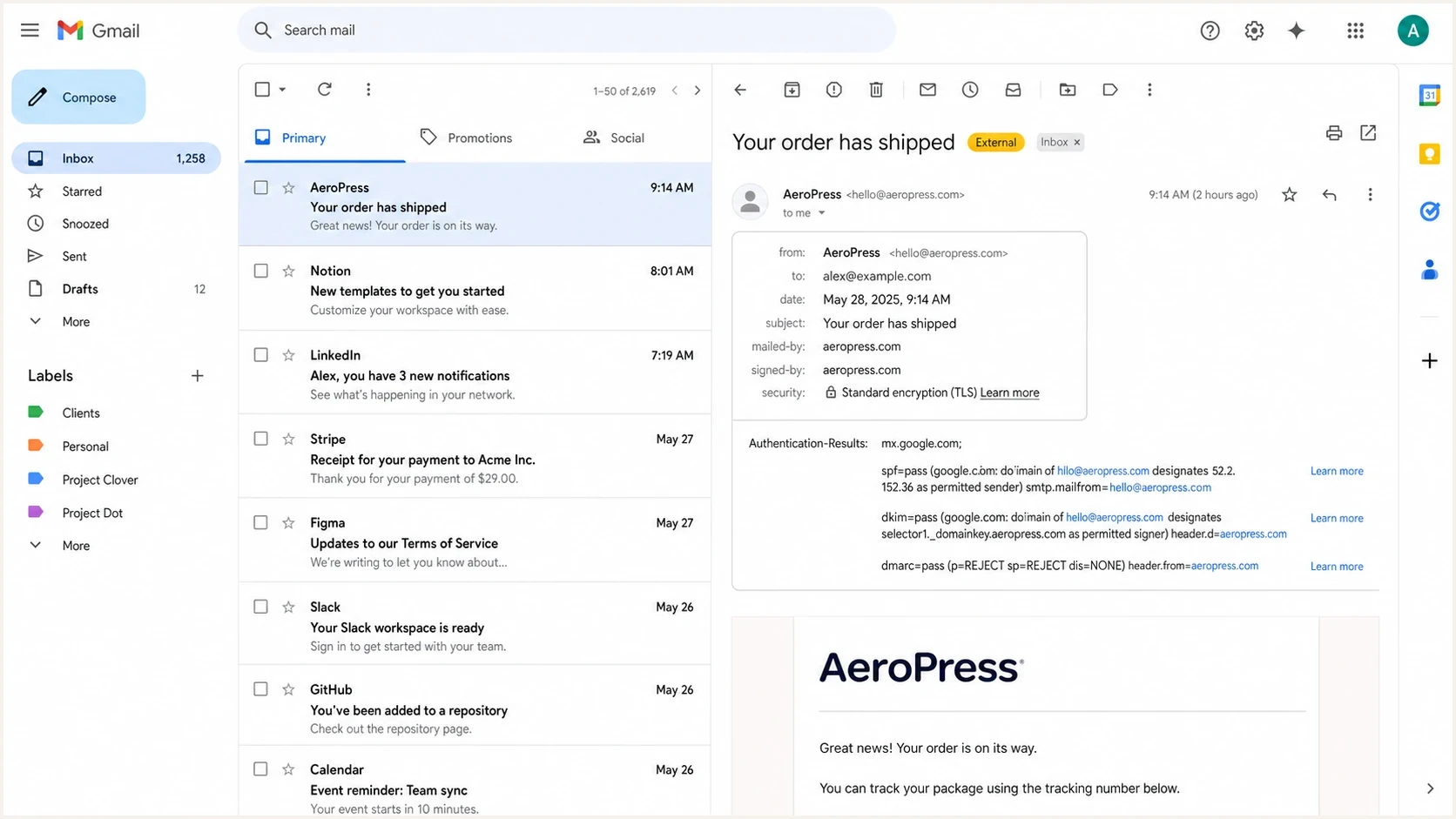 Gmail message passing SPF, DKIM, and DMARC without a BIMI logo.