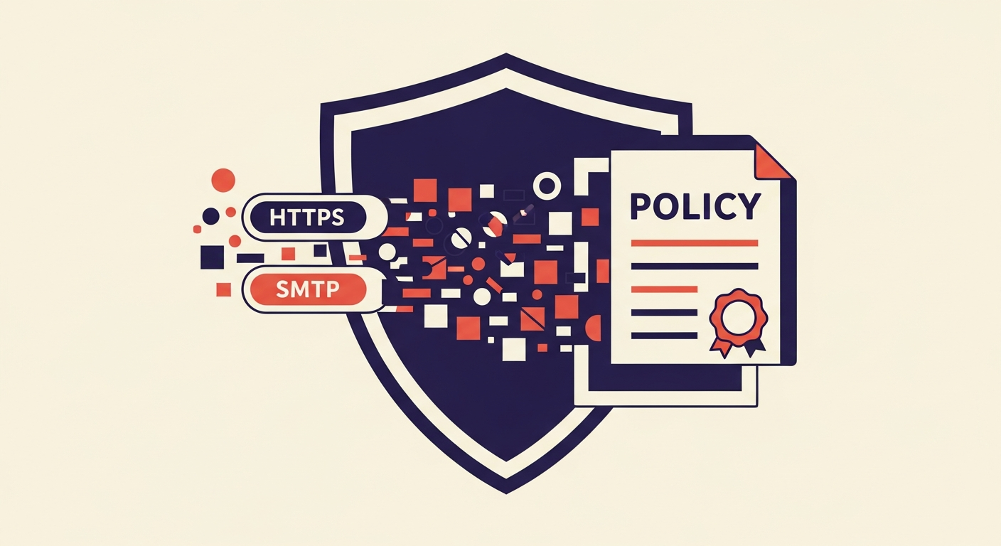 An illustration showing HTTPS securing email transmission by retrieving a policy file, distinct from the SMTP data flow.