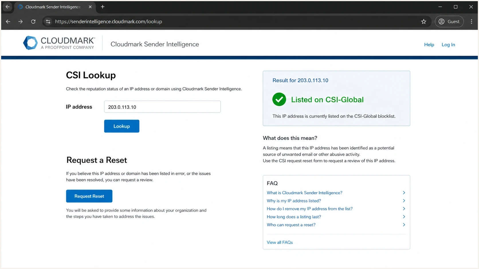 Cloudmark Sender Intelligence page showing a CSI-Global IP reputation result.