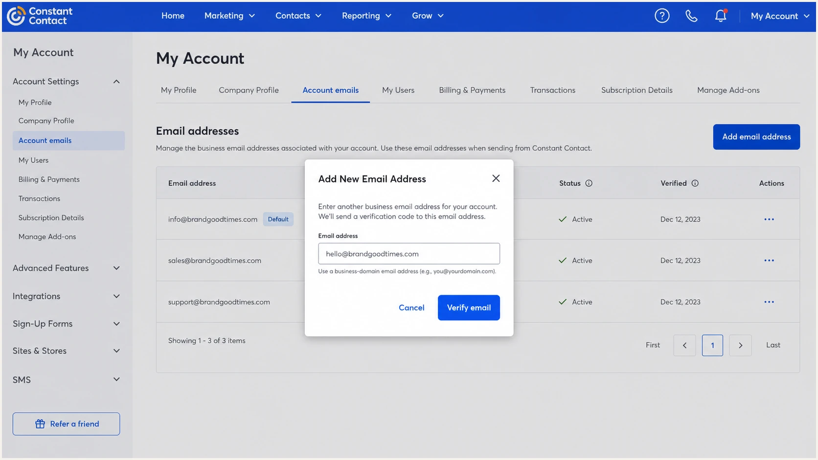 Constant Contact Account emails screen for adding and verifying an address