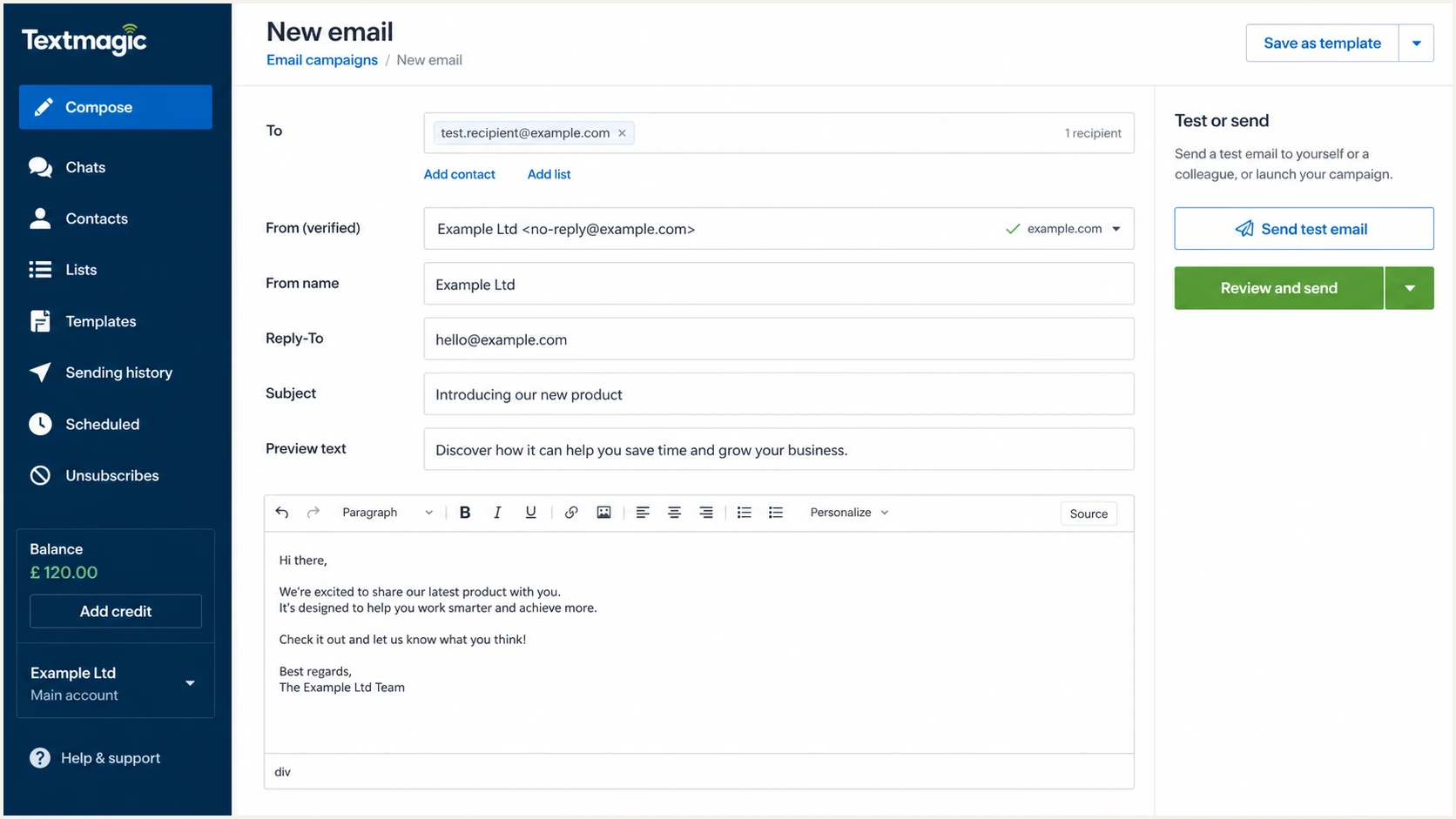 Textmagic email composer prepared for an authentication test