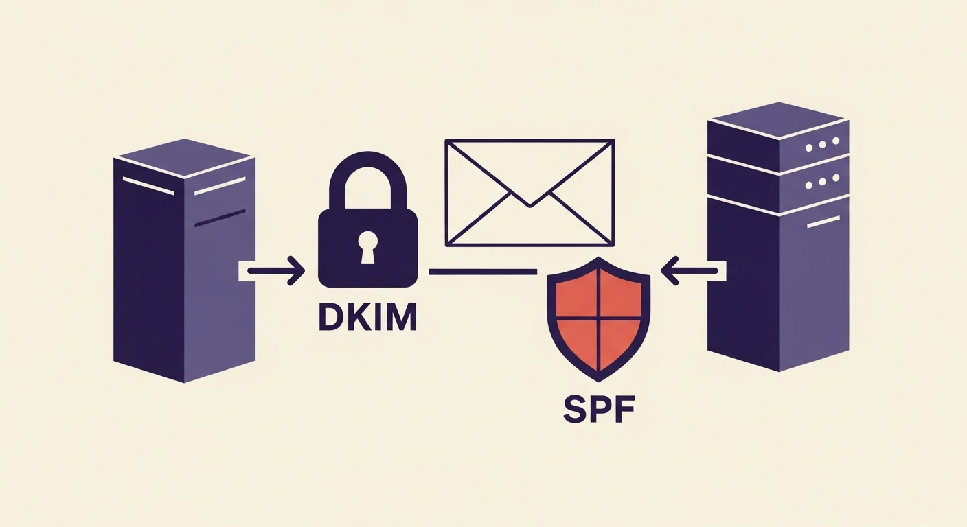 An illustration of email authentication, showing DKIM and SPF as separate security mechanisms protecting an email in transit.