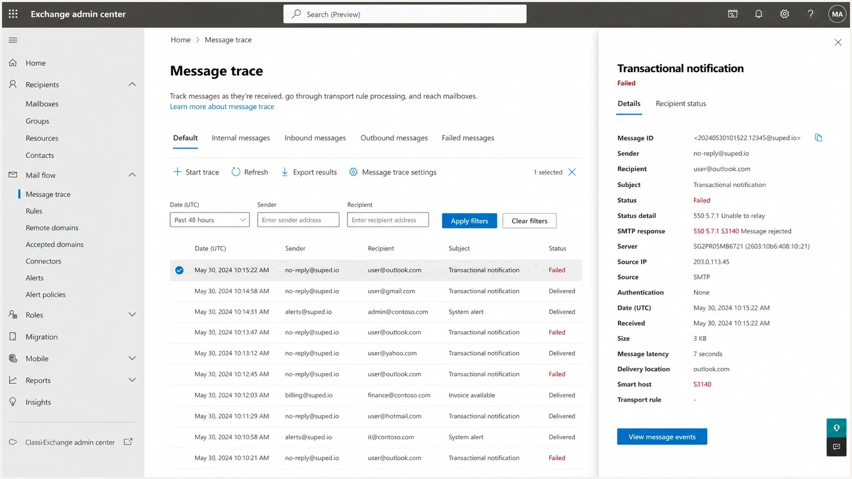 Microsoft Exchange admin center message trace showing a failed S3140 delivery.
