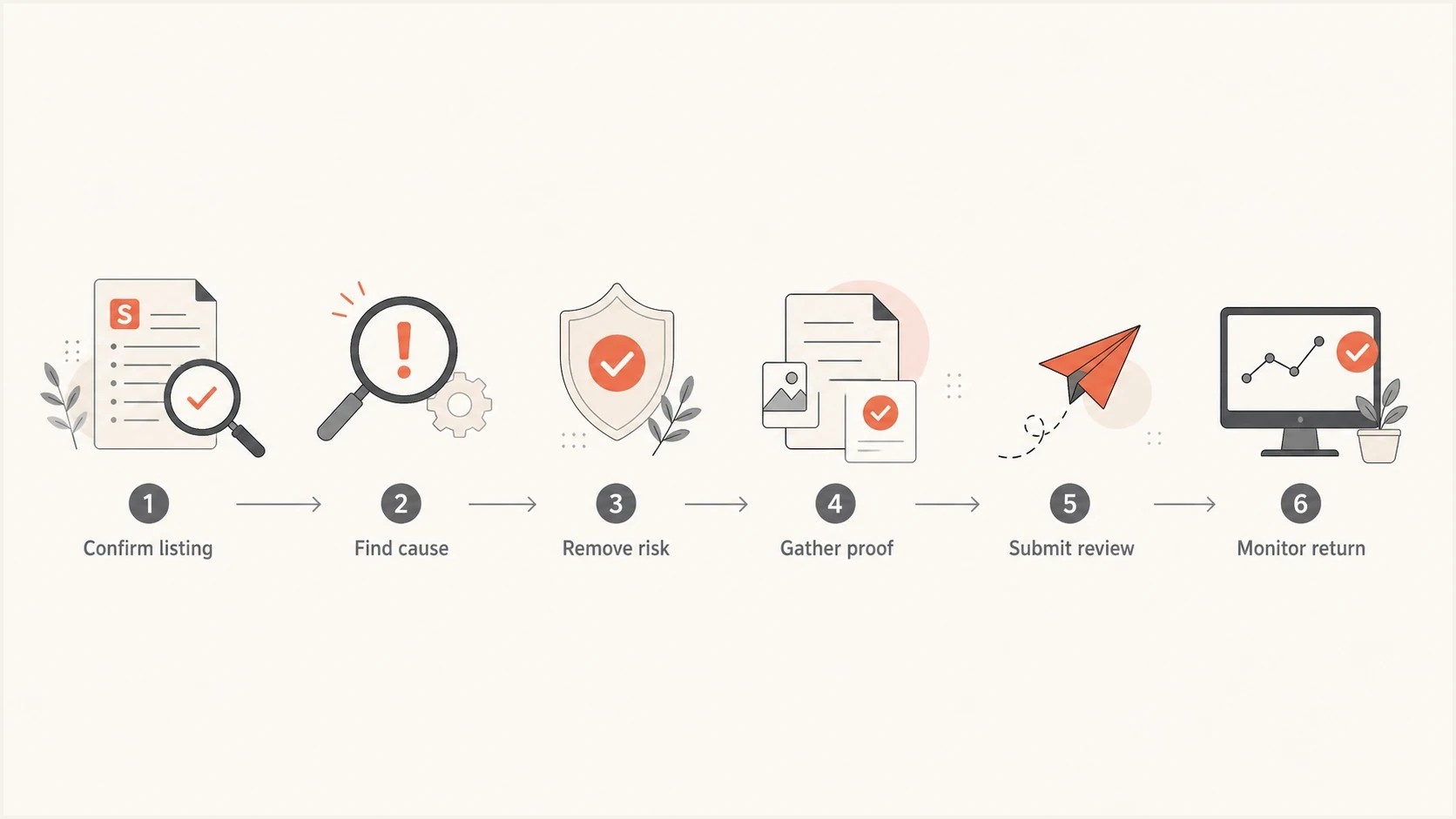 SURBL delisting flowchart covering listing confirmation, cleanup, evidence, review, and monitoring.
