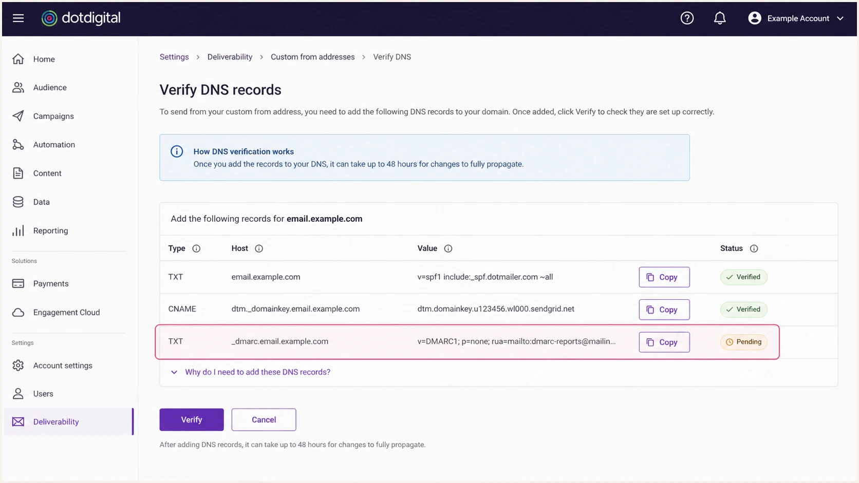 Dotdigital CFA verification screen highlighting its DMARC record