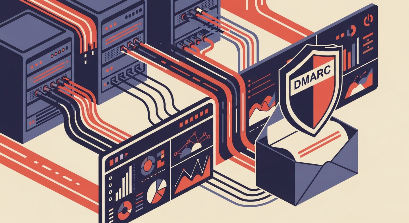 An illustration of secure email flow with DMARC protection and analytics dashboard