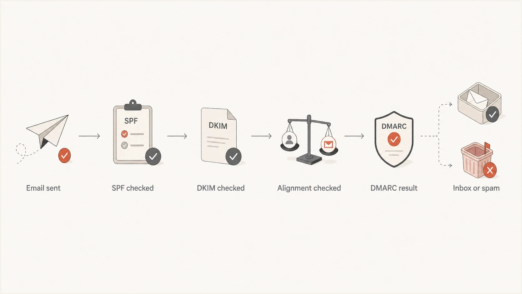 Flowchart showing SPF, DKIM, alignment, and the DMARC quarantine result.