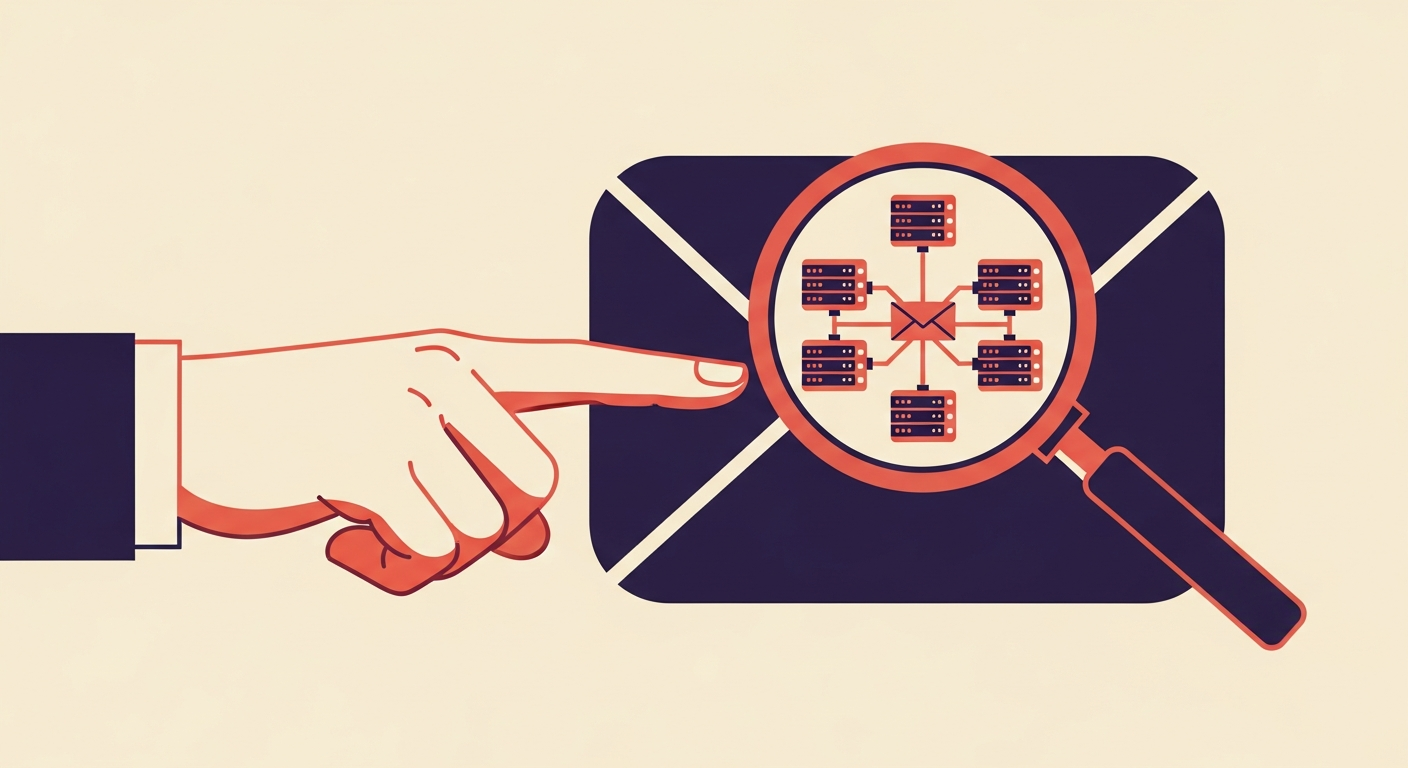 Illustration of an email icon with a magnifying glass examining connected servers, representing SPF authentication across domains.