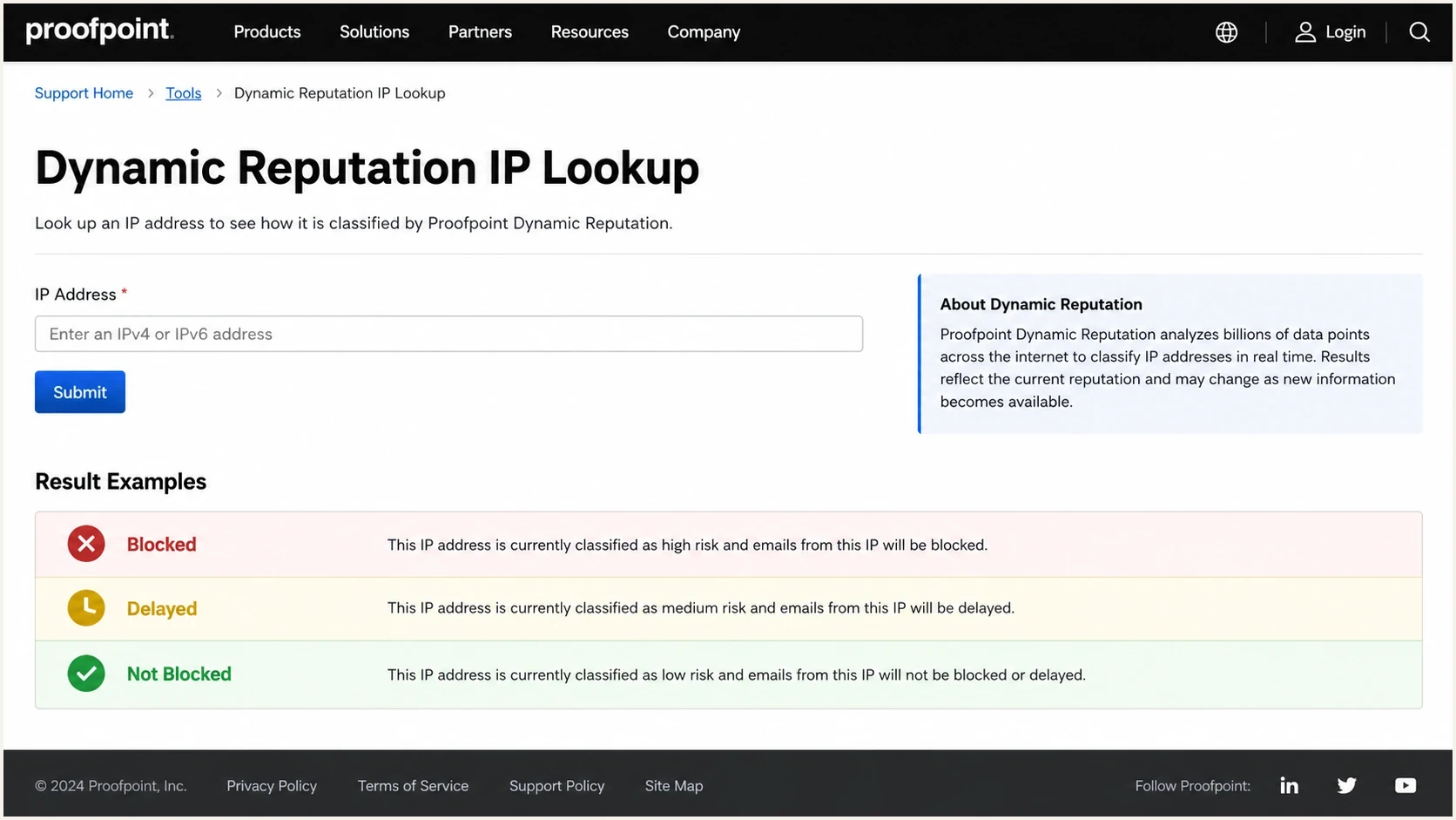 Proofpoint Dynamic Reputation IP Lookup screen with an IP field and status result panel.