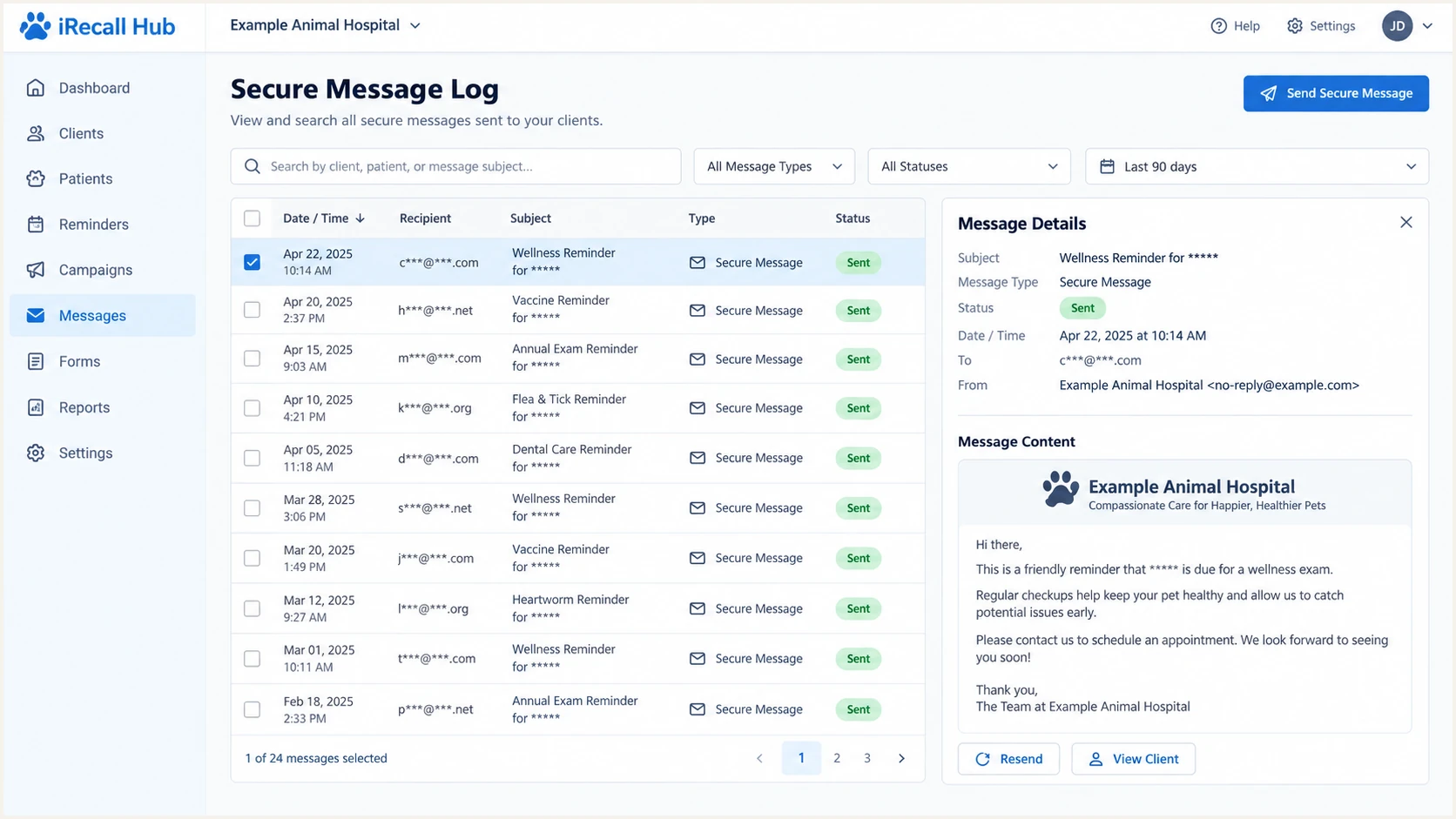 iRecall Hub message log showing a sent test reminder