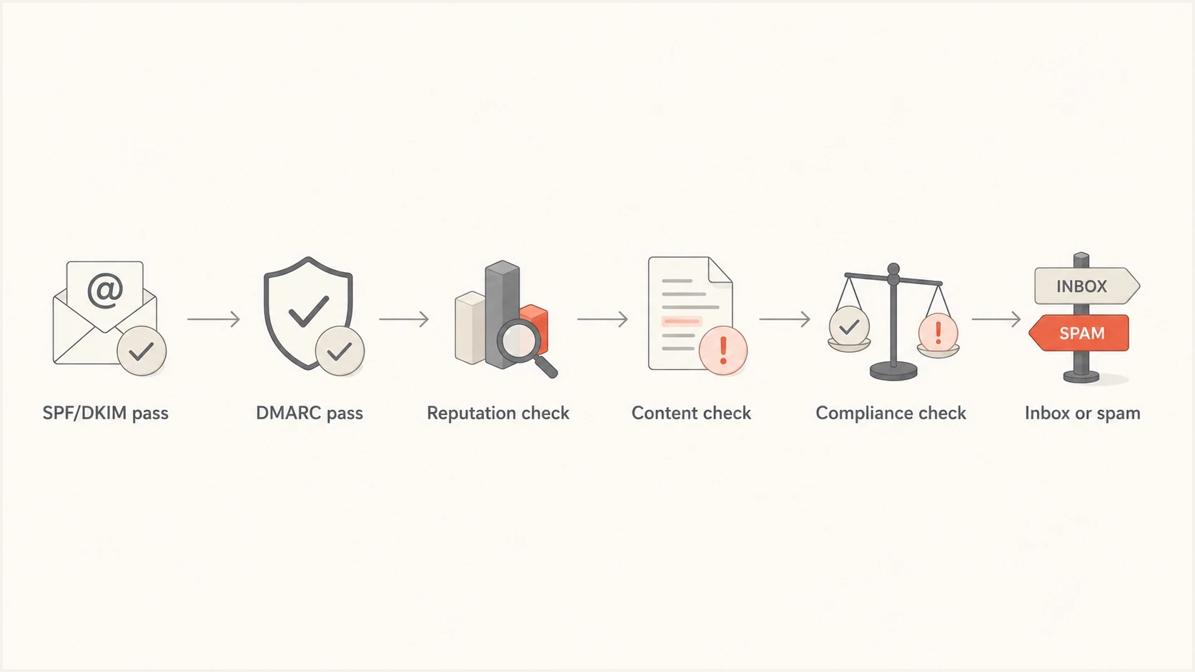 Flowchart showing authentication passing before Gmail checks reputation, content, and compliance.