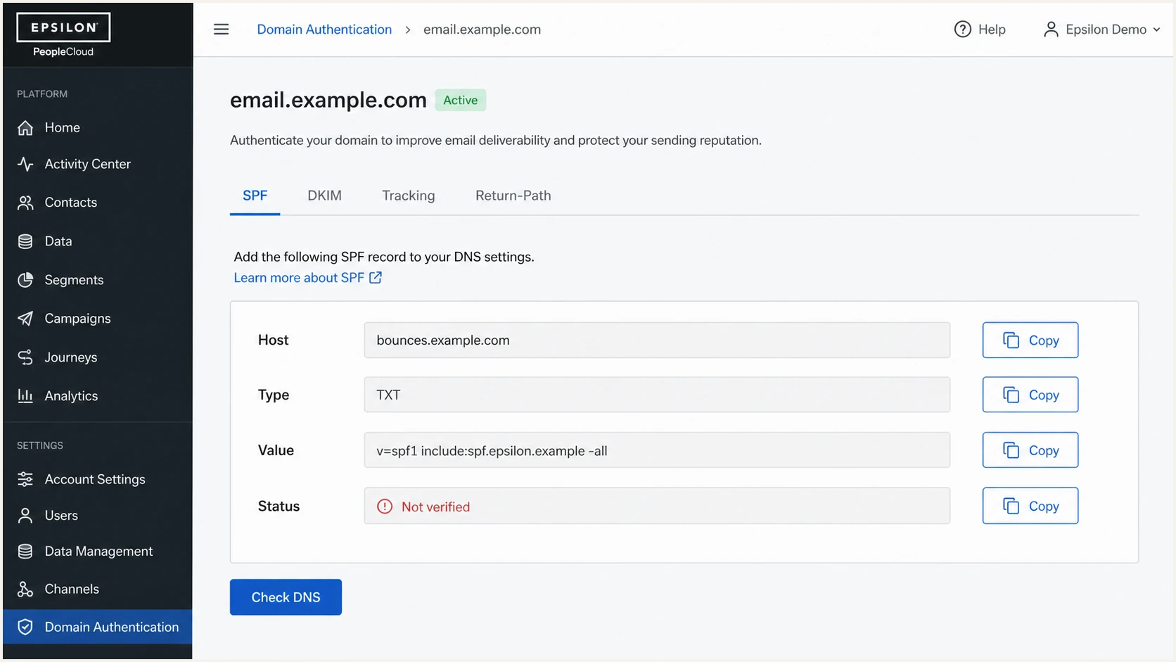 Epsilon SPF DNS verification screen for a branded Return-Path host.