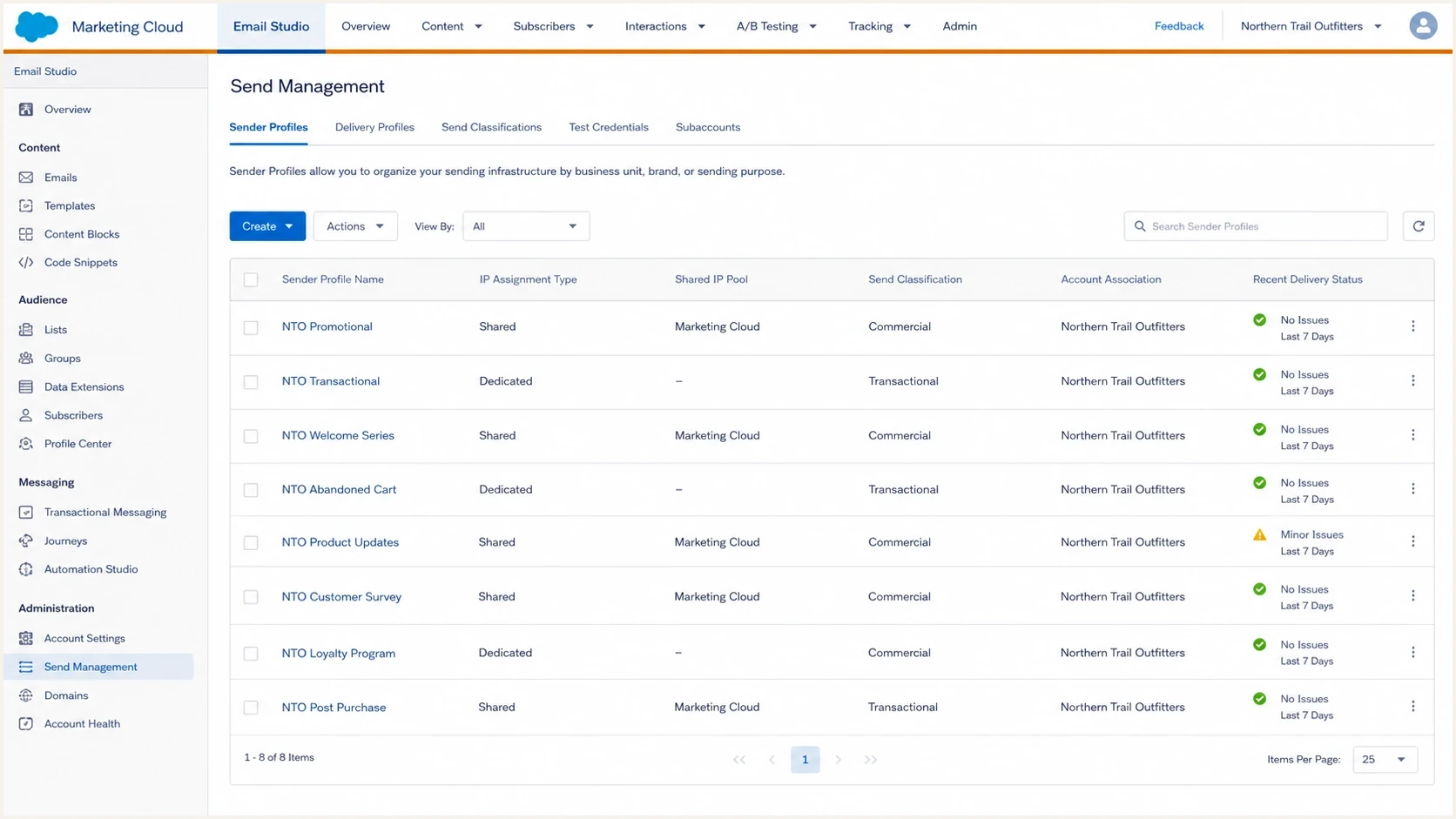 Salesforce Marketing Cloud Email Studio showing shared IP pool sending settings.