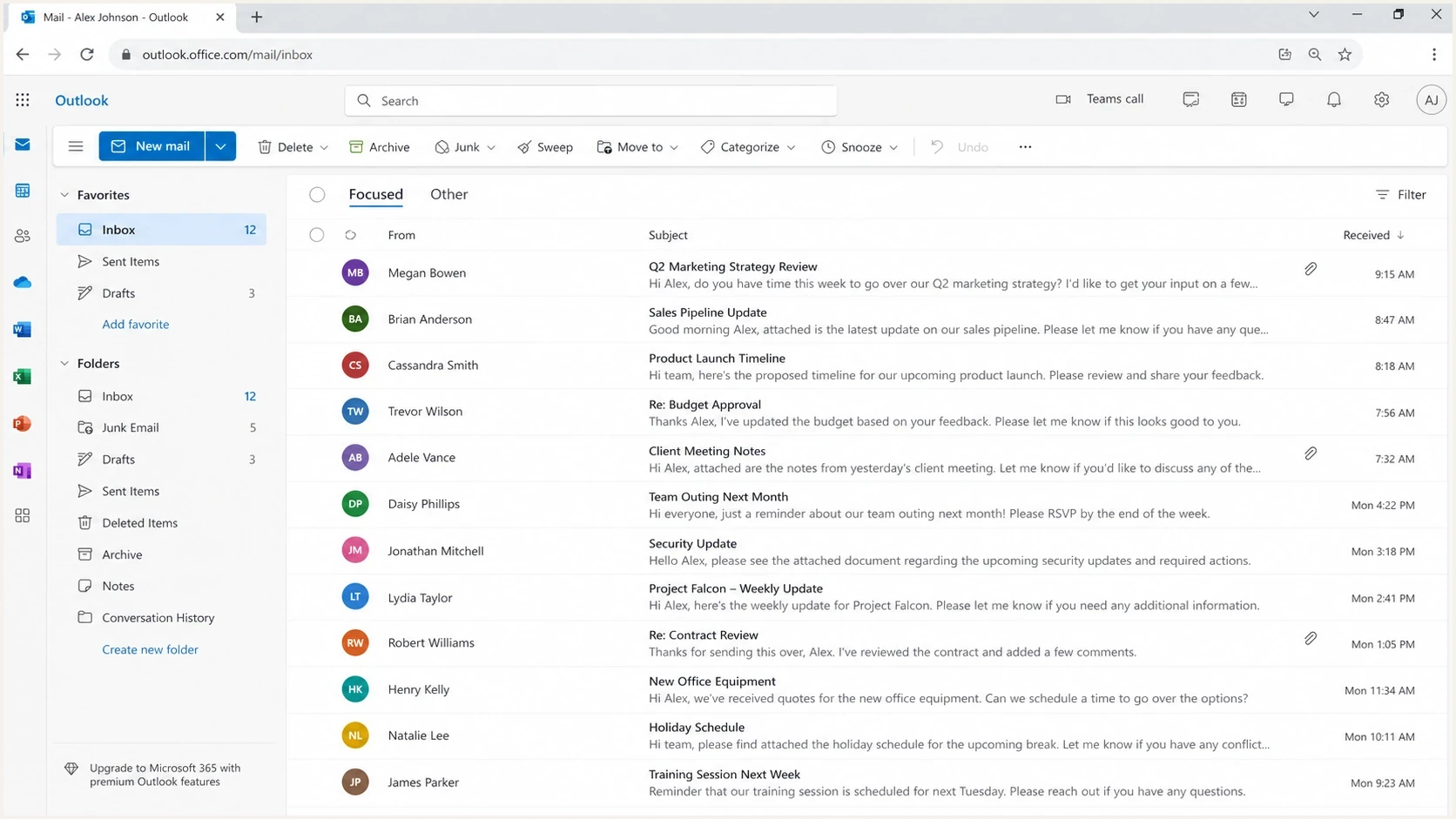 Microsoft Outlook on the web inbox showing sender initials instead of BIMI brand logos.