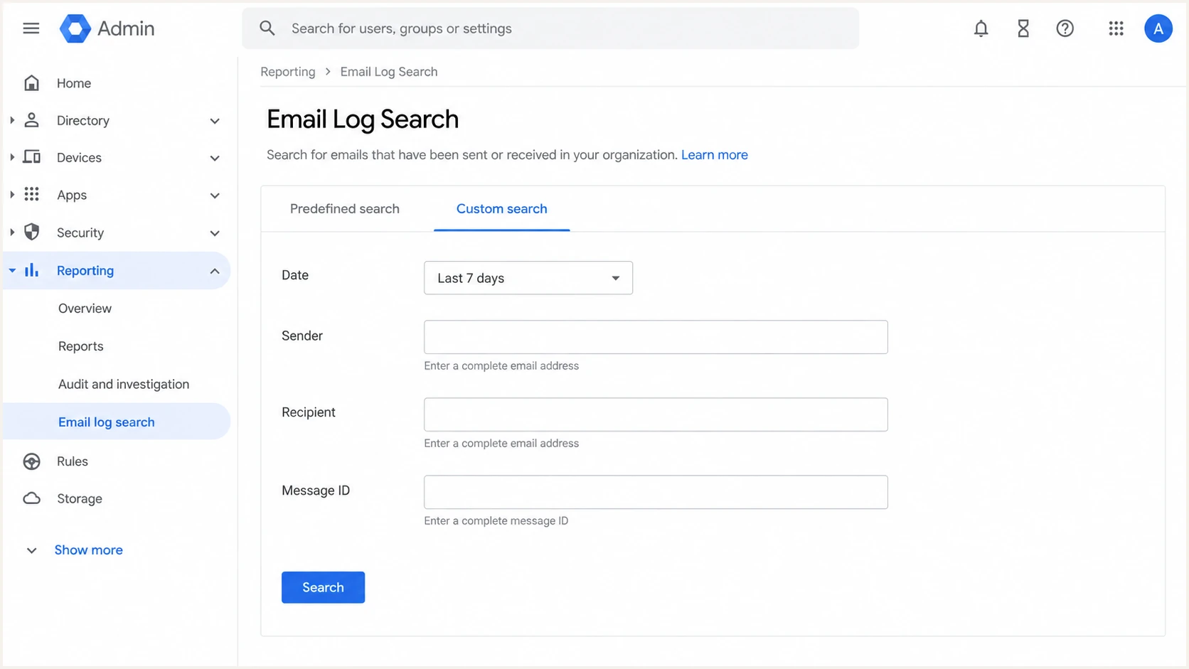 Google Admin Email Log Search filters for investigating outbound messages.