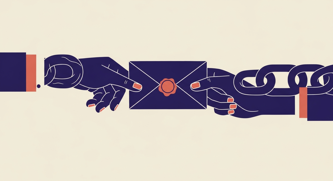 An illustration of multiple hands passing a sealed letter, representing ARC's chain of custody for email authentication