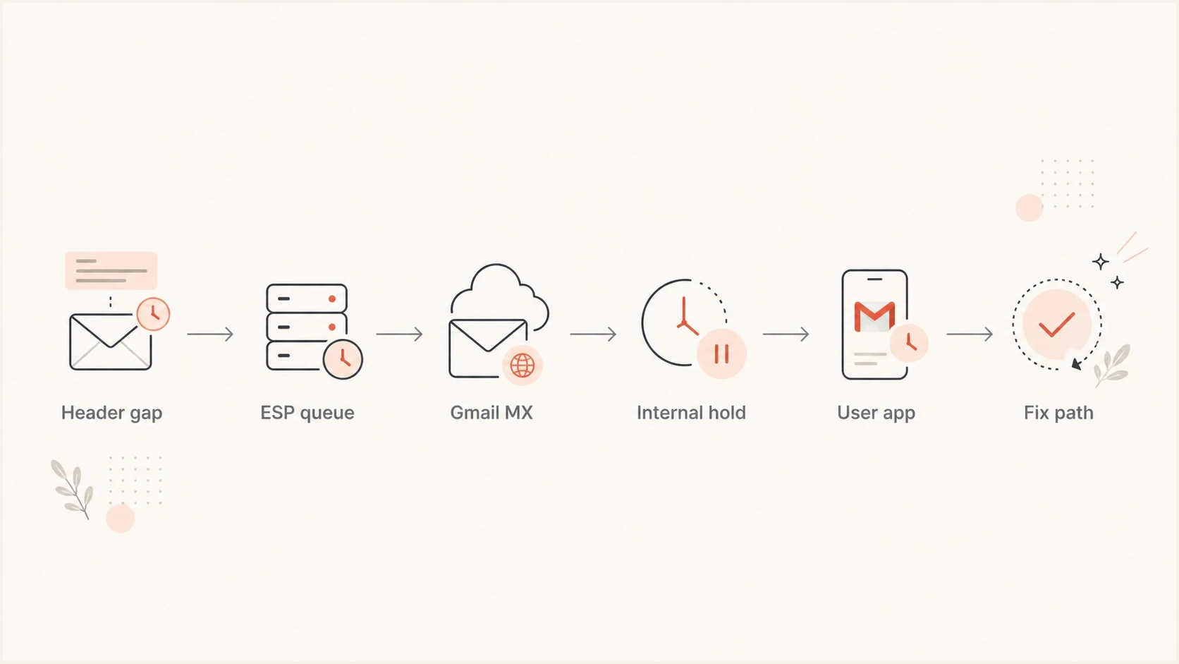 Flowchart for diagnosing Gmail delivery delay from message headers.