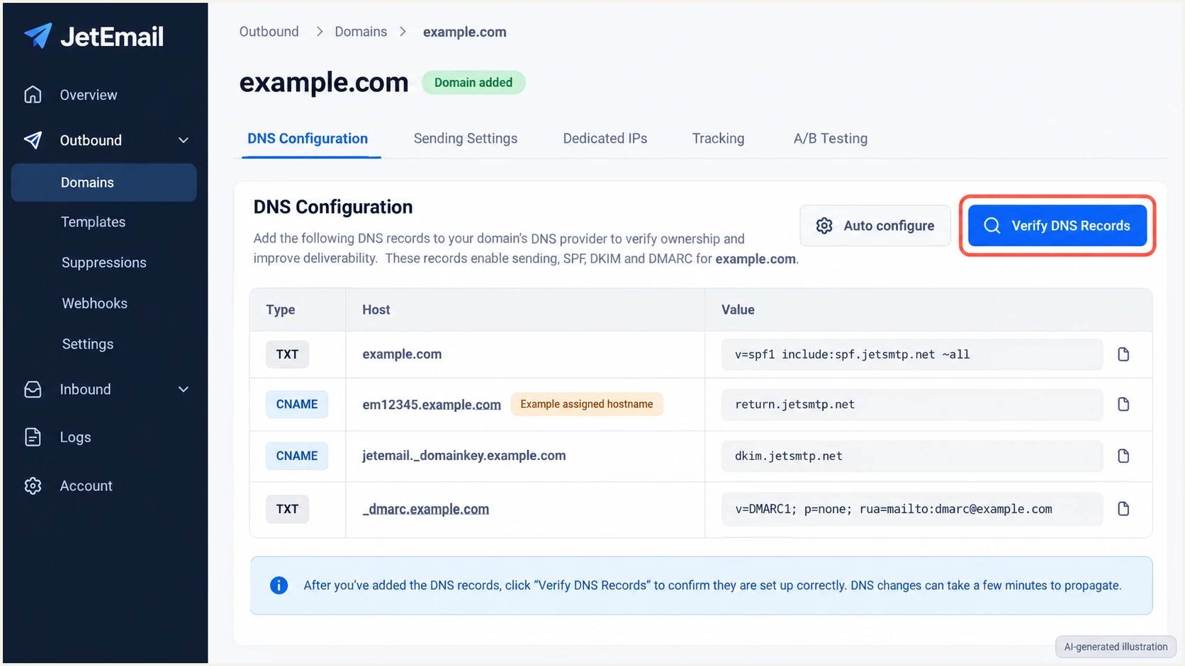 AI-generated JetEmail domain DNS illustration; copy your own dashboard's values.