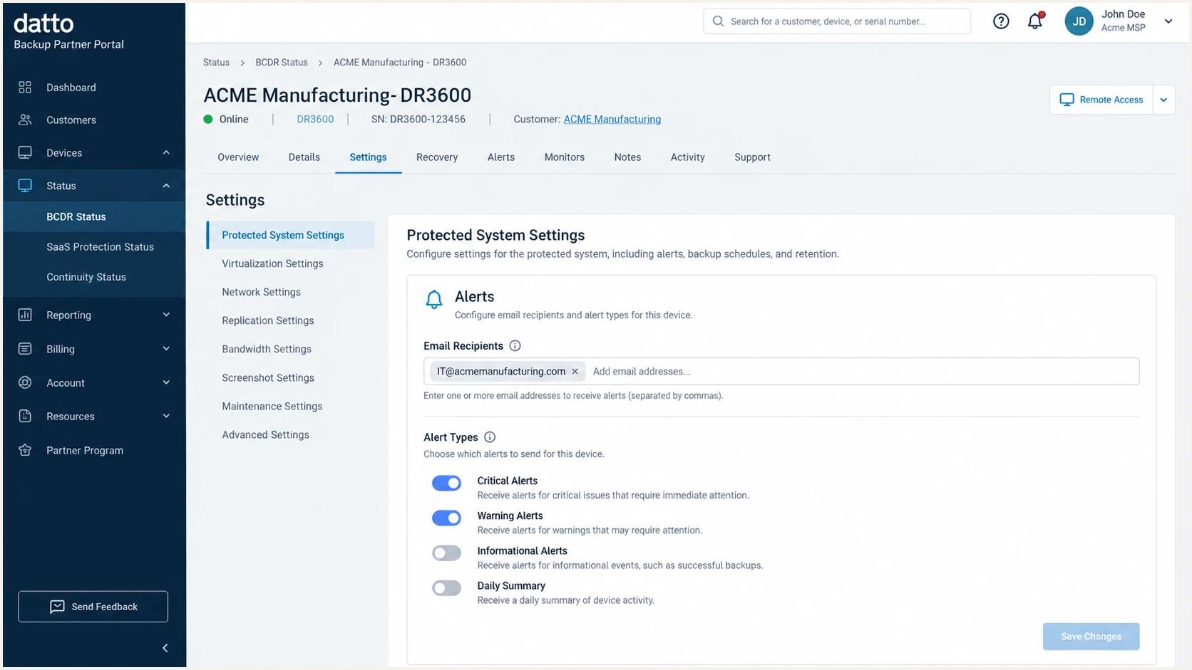 Datto Backup Partner Portal protected system alert settings