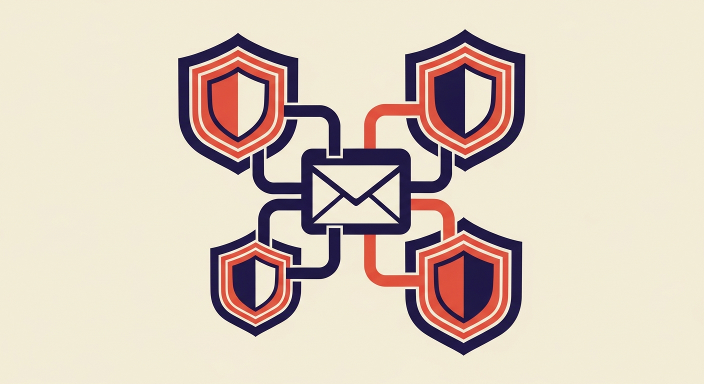 Multiple security shields connected around an email icon, representing a layered approach to email security.