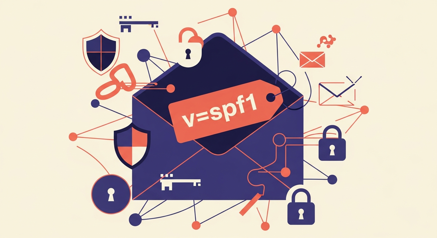 An abstract illustration showing the 'v=spf1' tag at the heart of email security, surrounded by digital shields.