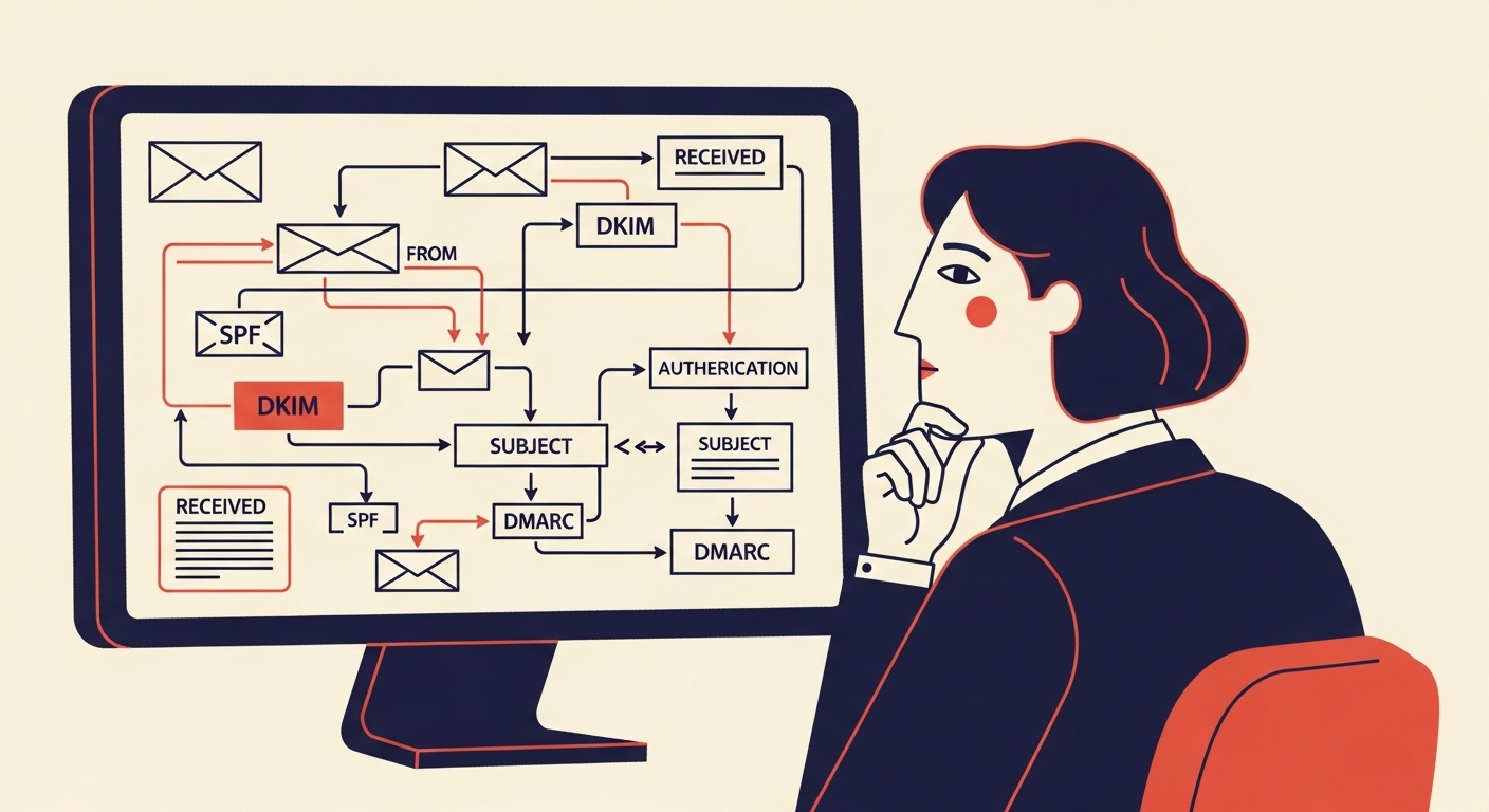 An email security expert analyzing how DMARC interacts with different email addresses in the email flow