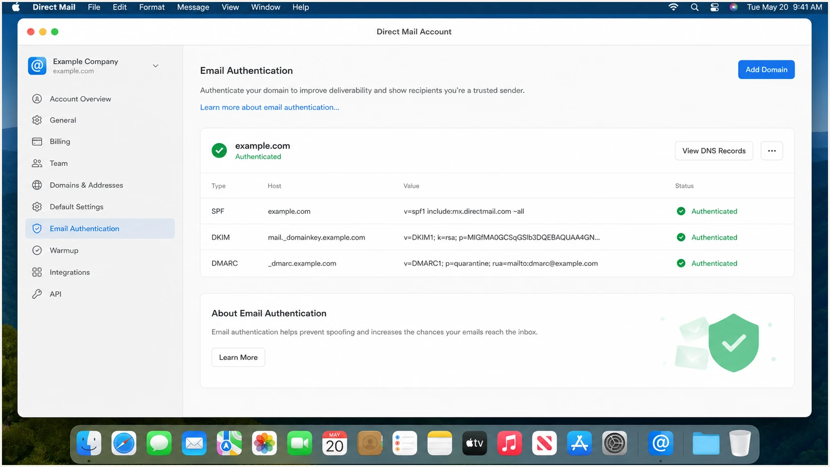 Direct Mail for Mac showing a green Authenticated domain status.
