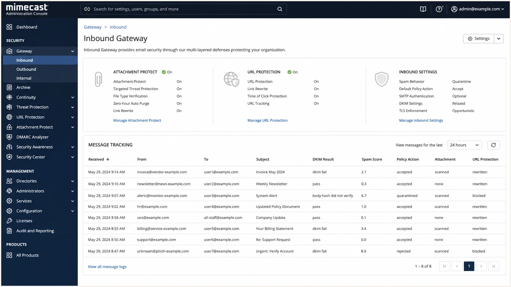 Mimecast Administration Console with inbound policies and a DKIM body hash failure result.