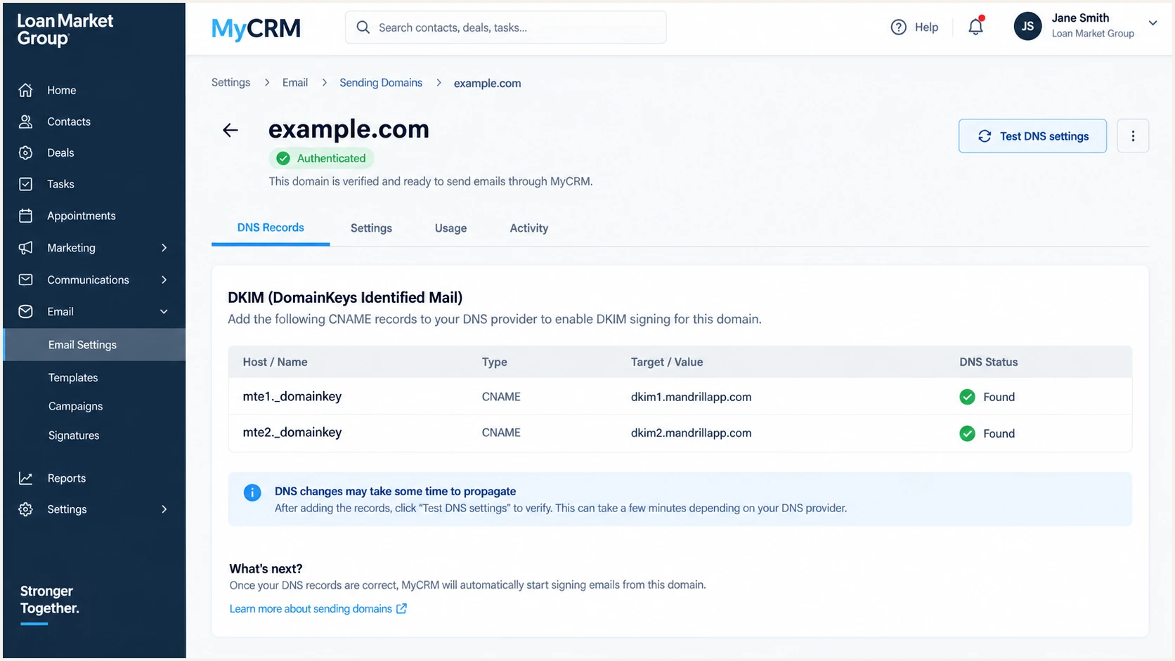 MyCRM DKIM settings with two CNAME records