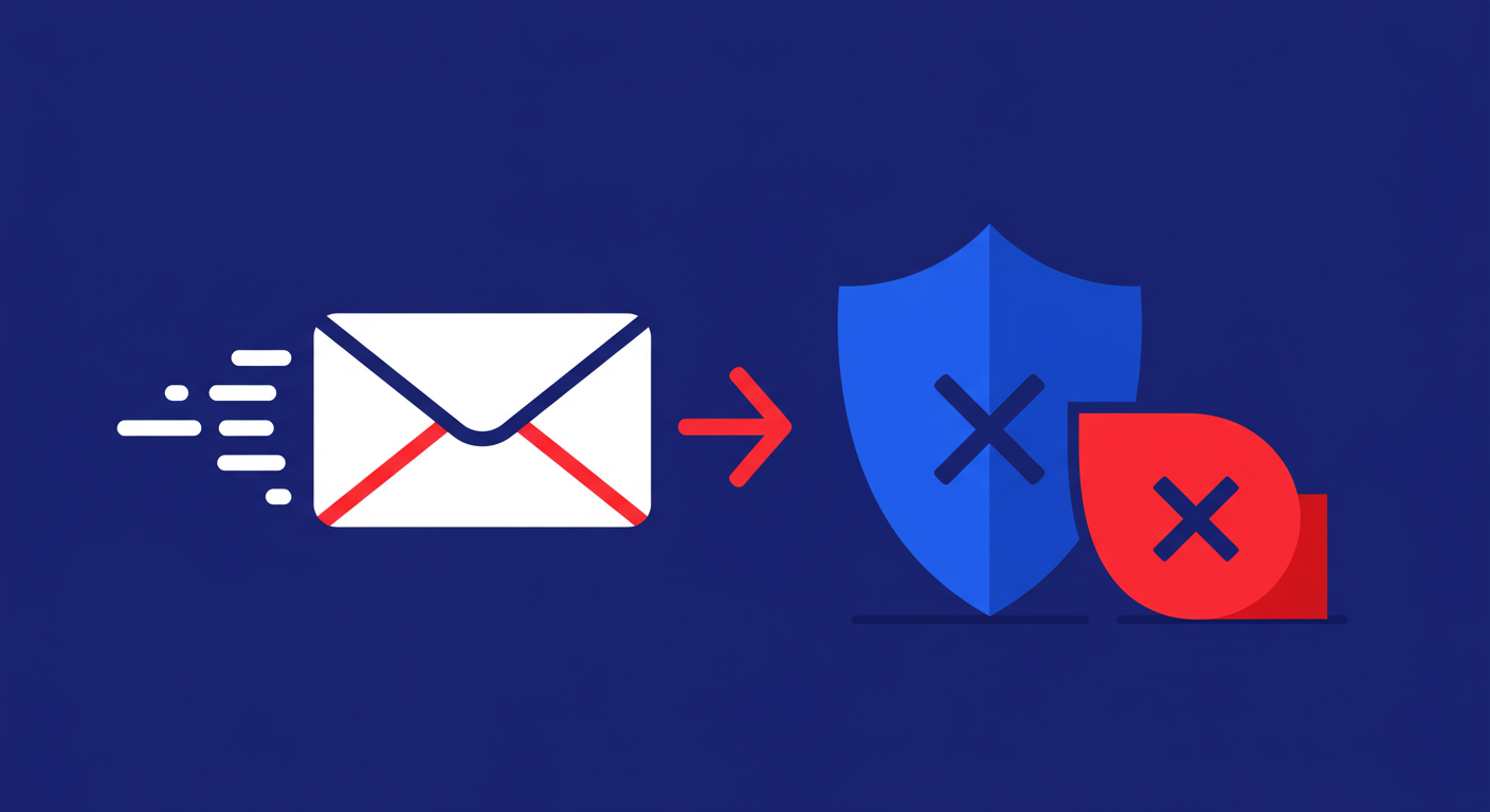 A minimalist retro illustration of an email being blocked by a shield with an X symbol on it. The style is simple with bright poppy red and deep royal blue colors, high contrast vector art.