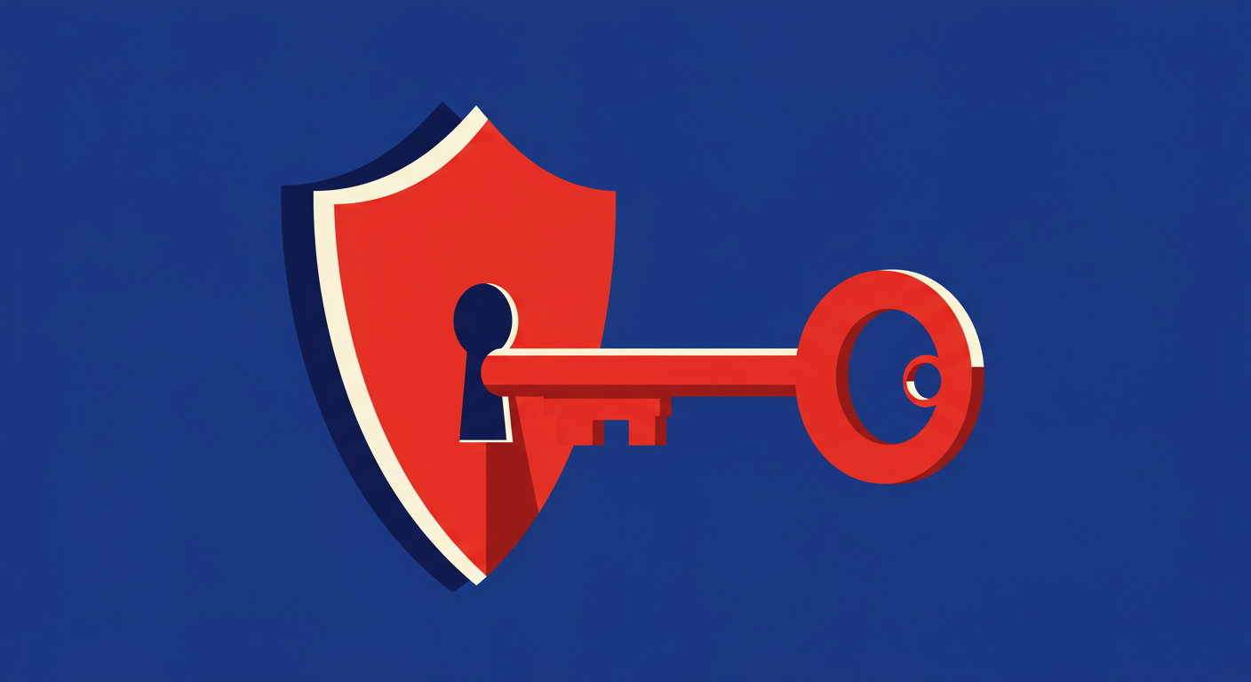 A minimalist retro illustration of a large key successfully fitting into a keyhole on a shield, symbolizing security and access. The style of the images should be A minimalist retro illustration in the style of Malika Favre. Dominant colors are bright poppy red and deep royal blue. Vector art, high contrast. Do not put any words in the image or alphanumeric characters.