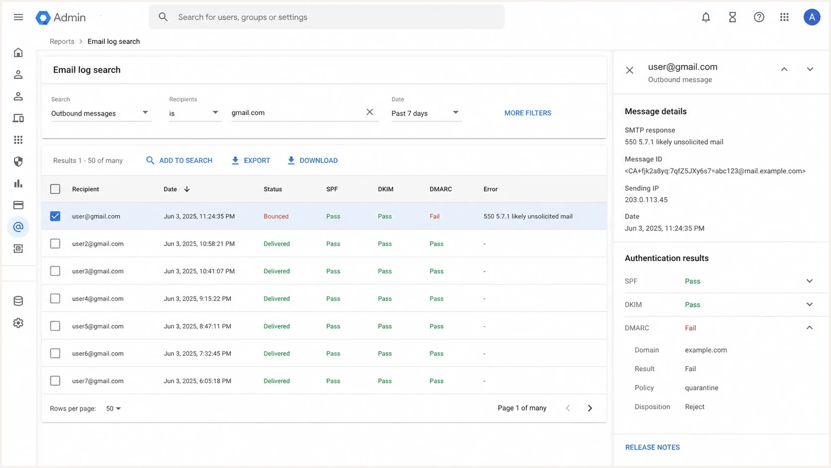 Google Admin console Email Log Search showing a Gmail SMTP 550 5.7.1 bounce.