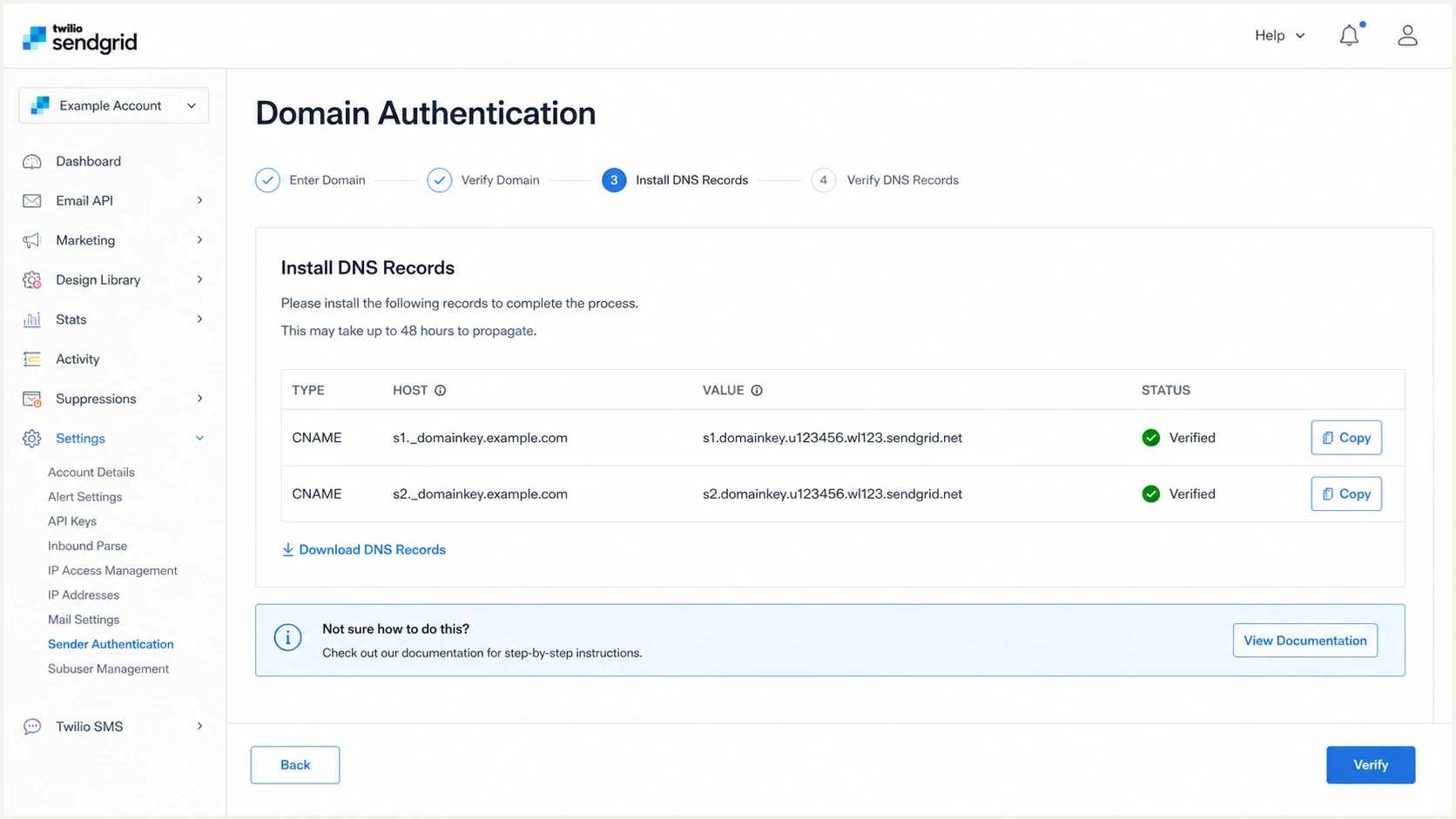 Twilio SendGrid DNS records screen showing DKIM CNAME records.