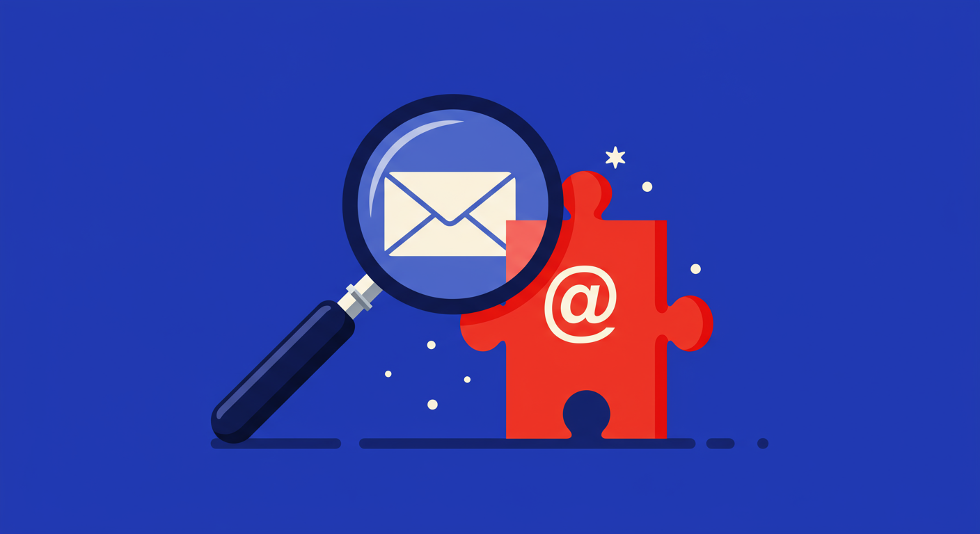 A magnifying glass examining a puzzle piece with an email icon on it, representing the solution to an email authentication problem.